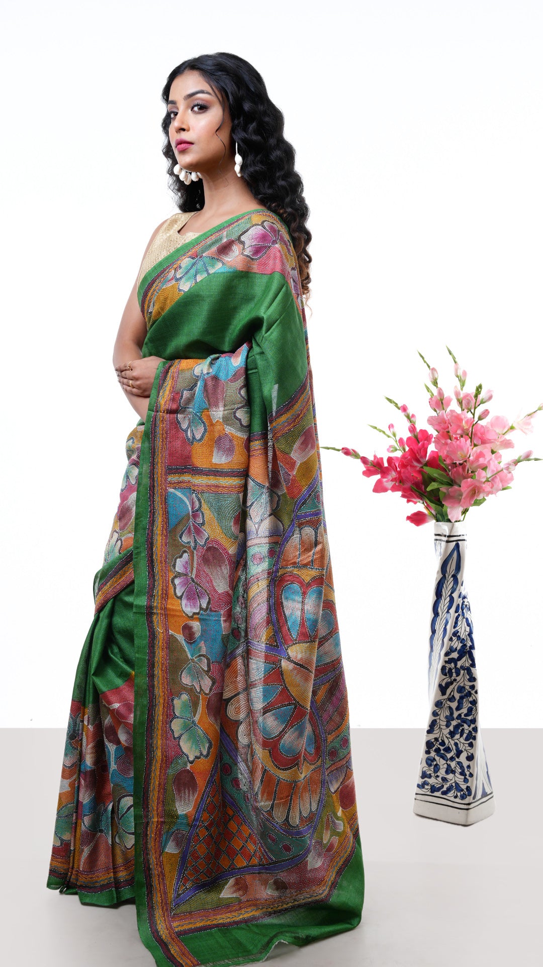 A green tassar kantha saree