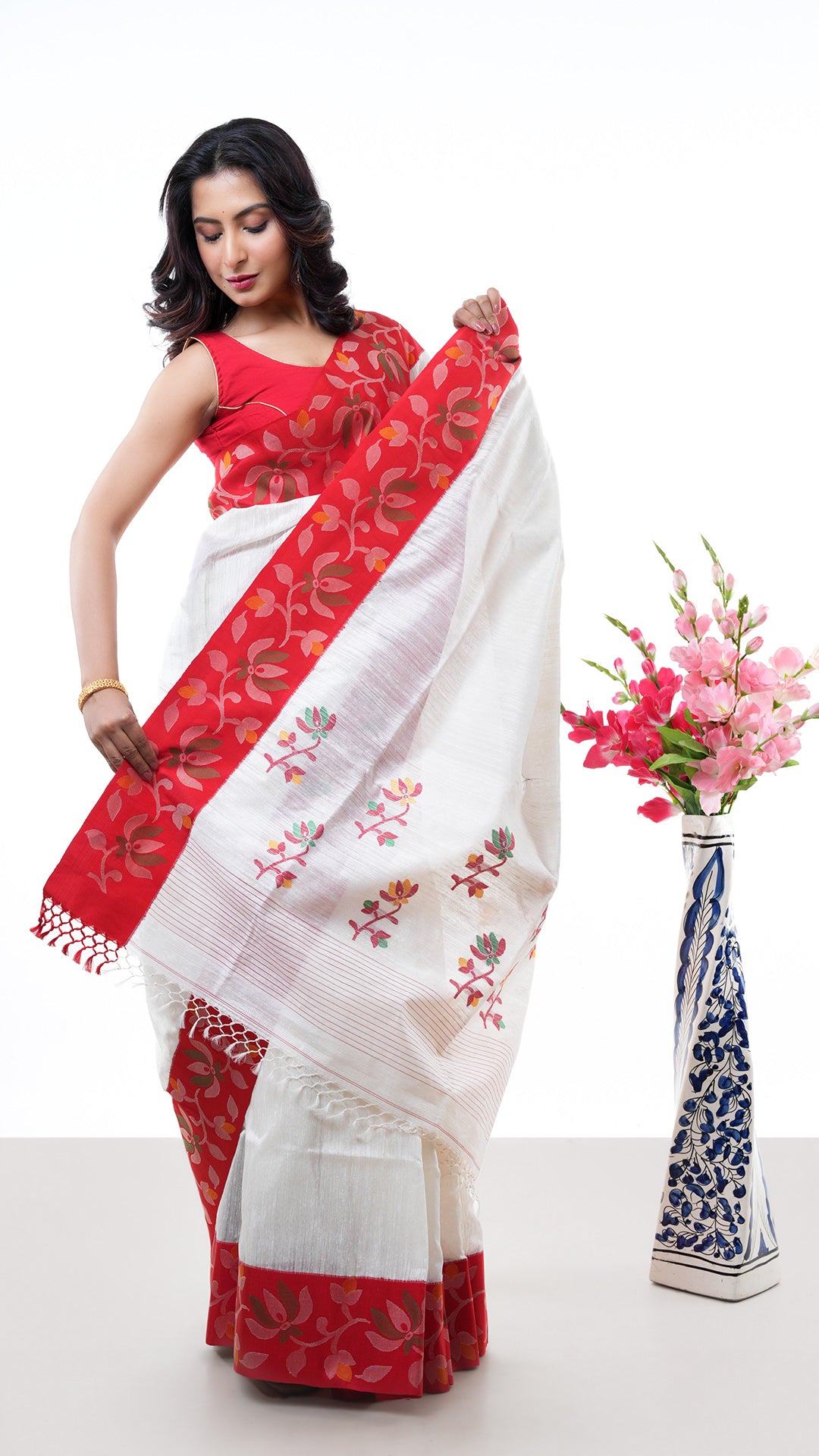 An off white with red raw silk