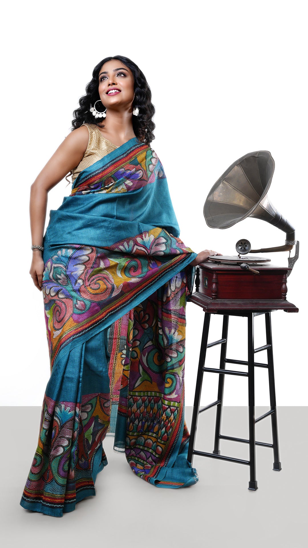 A blue coloured kantha saree