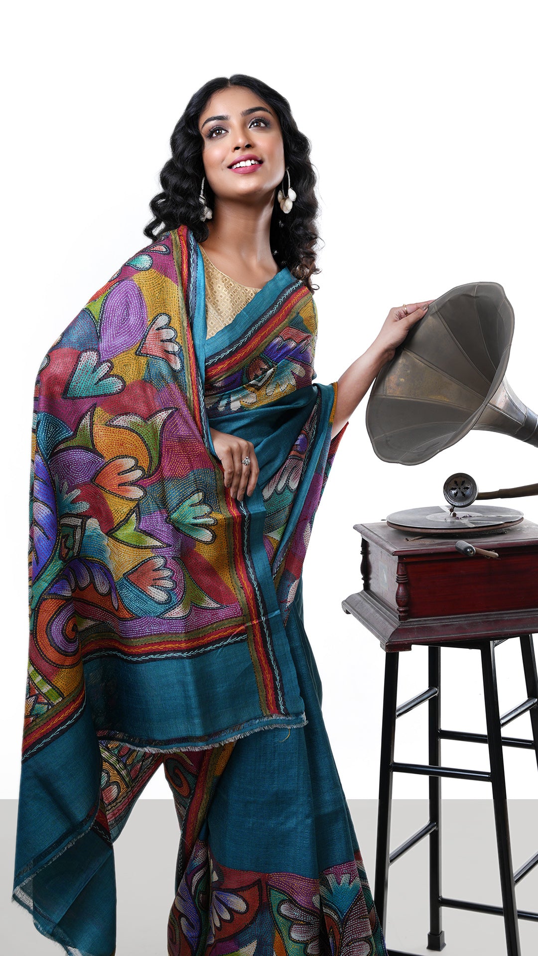 A blue coloured kantha saree