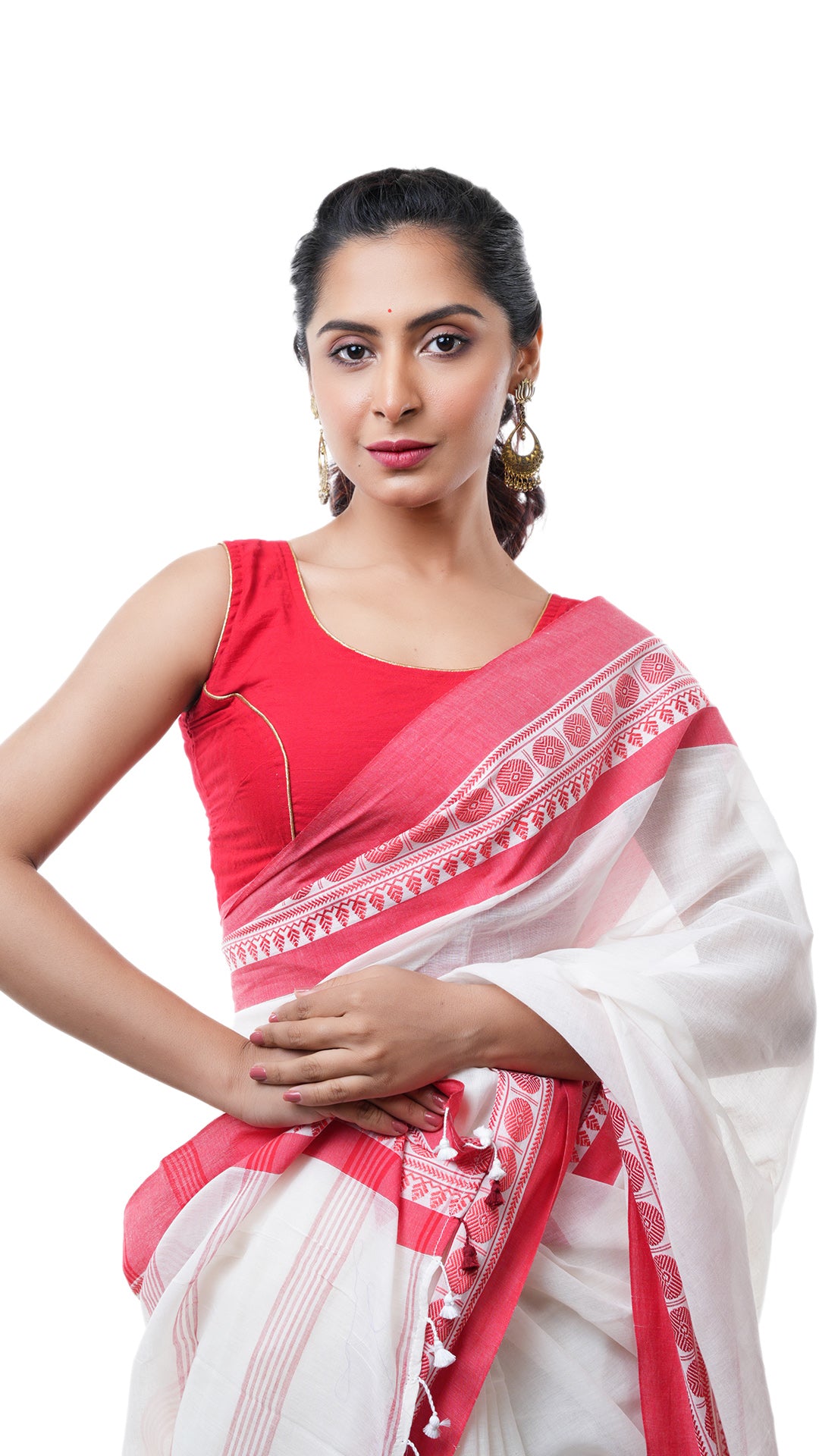 An off white and red tangail saree