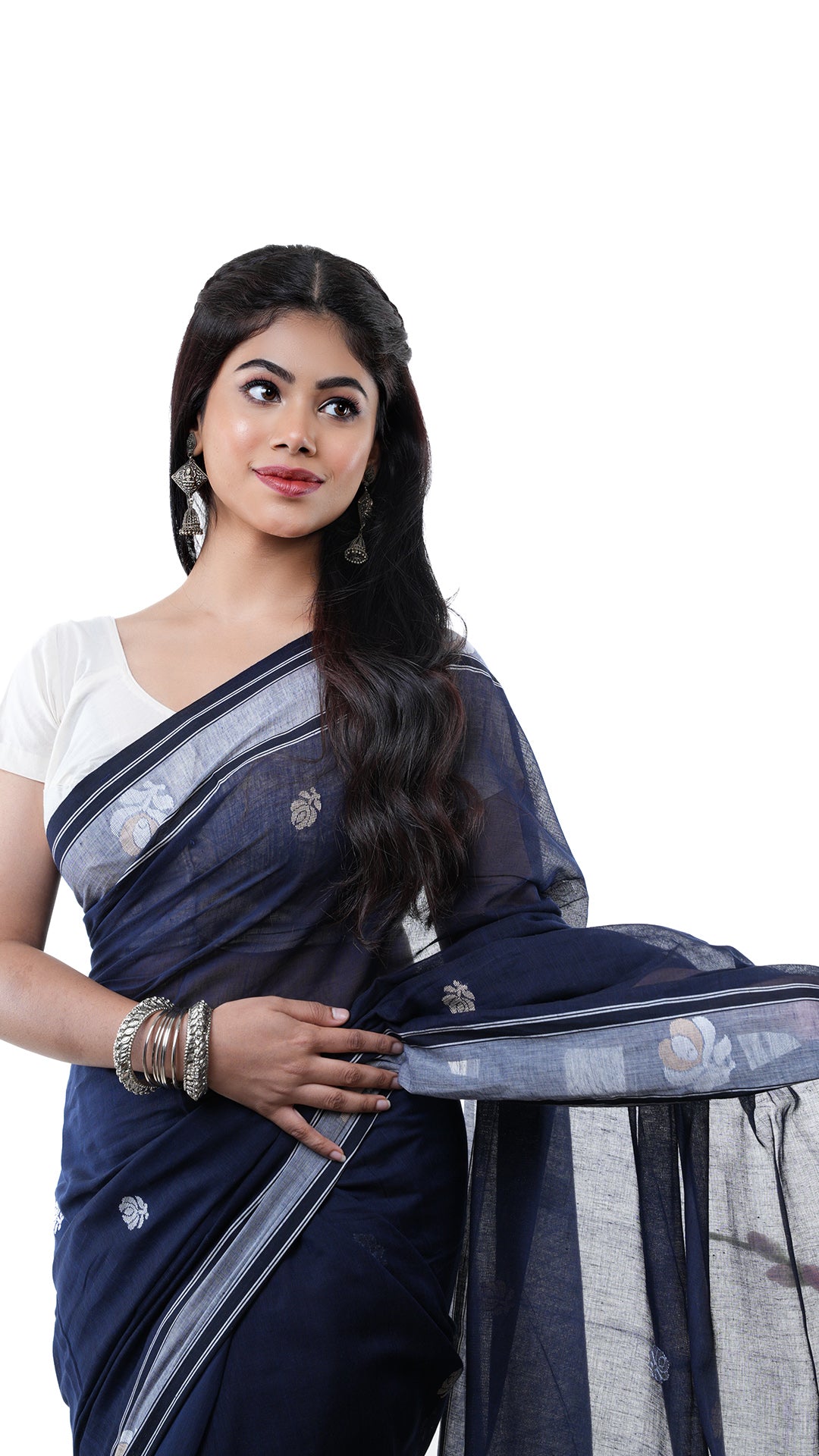 A midnight blue tangail saree