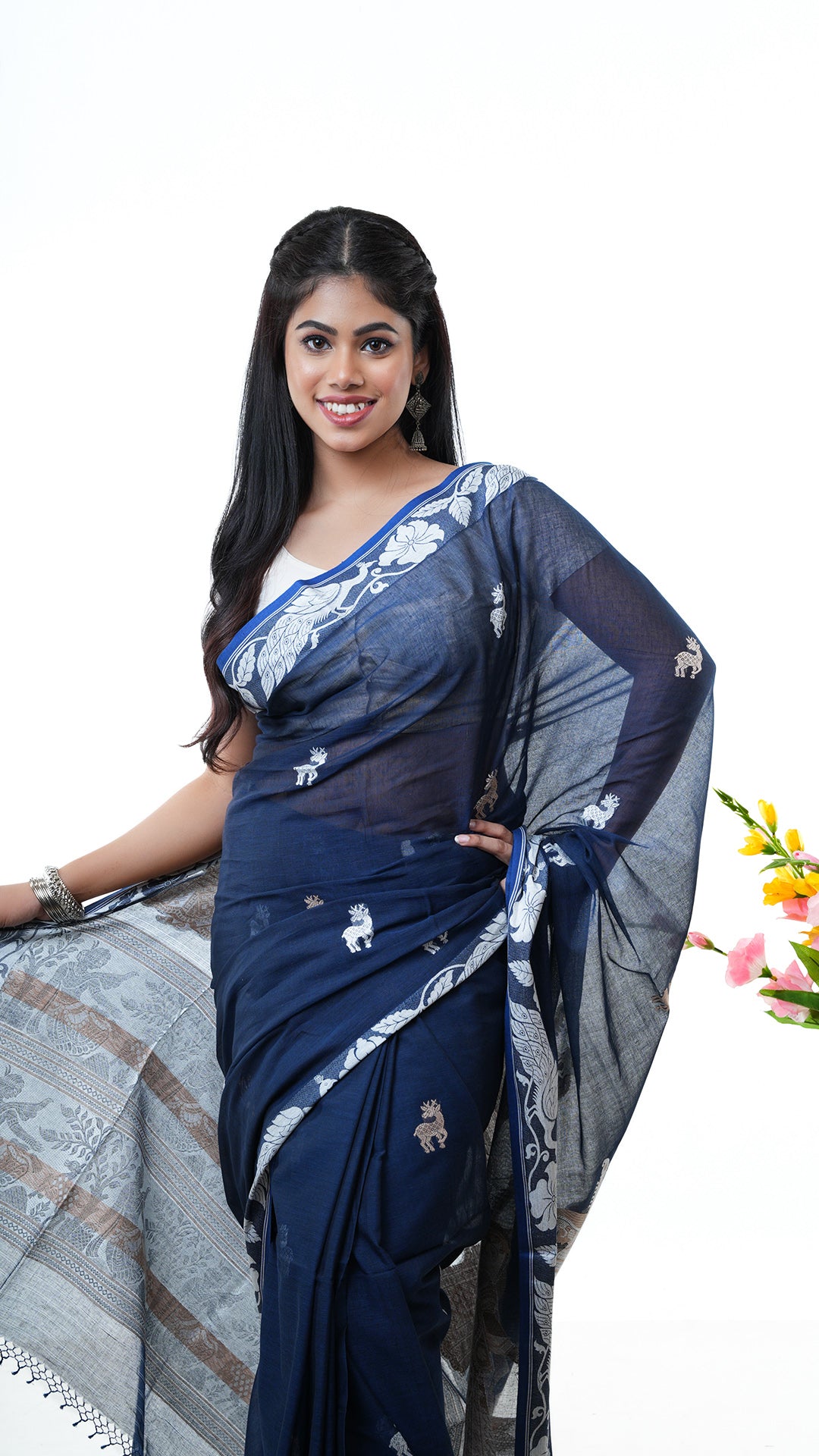 A deep blue baluchari saree