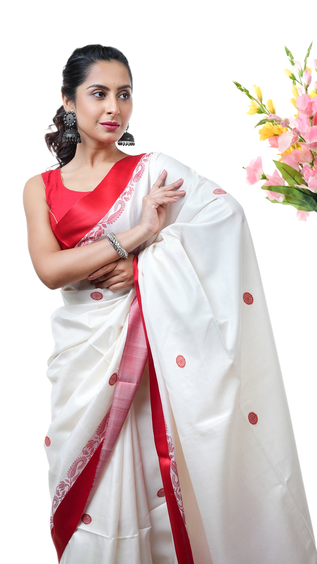 A silk saree in off white and red