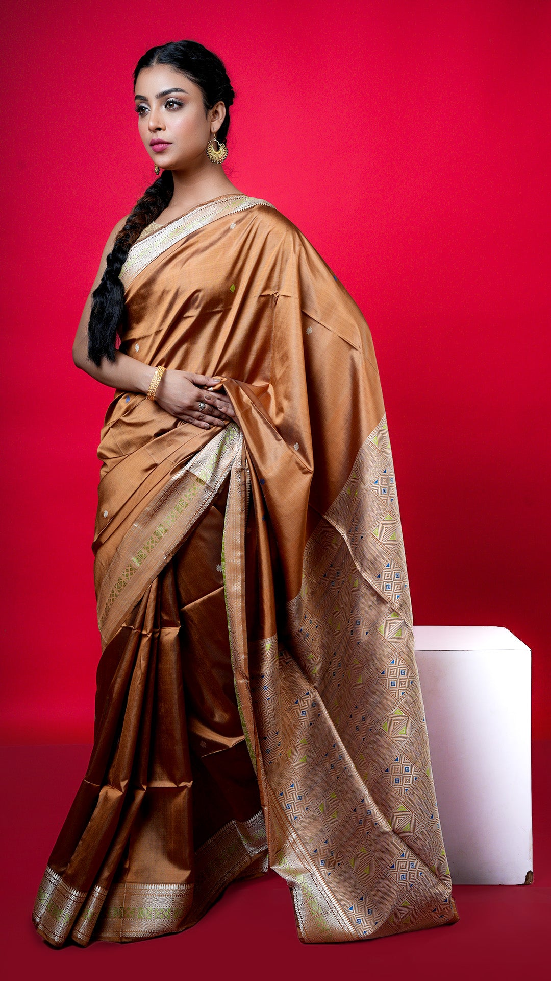 Tangail Silk Copper Saree with Multicolour Border & Butis