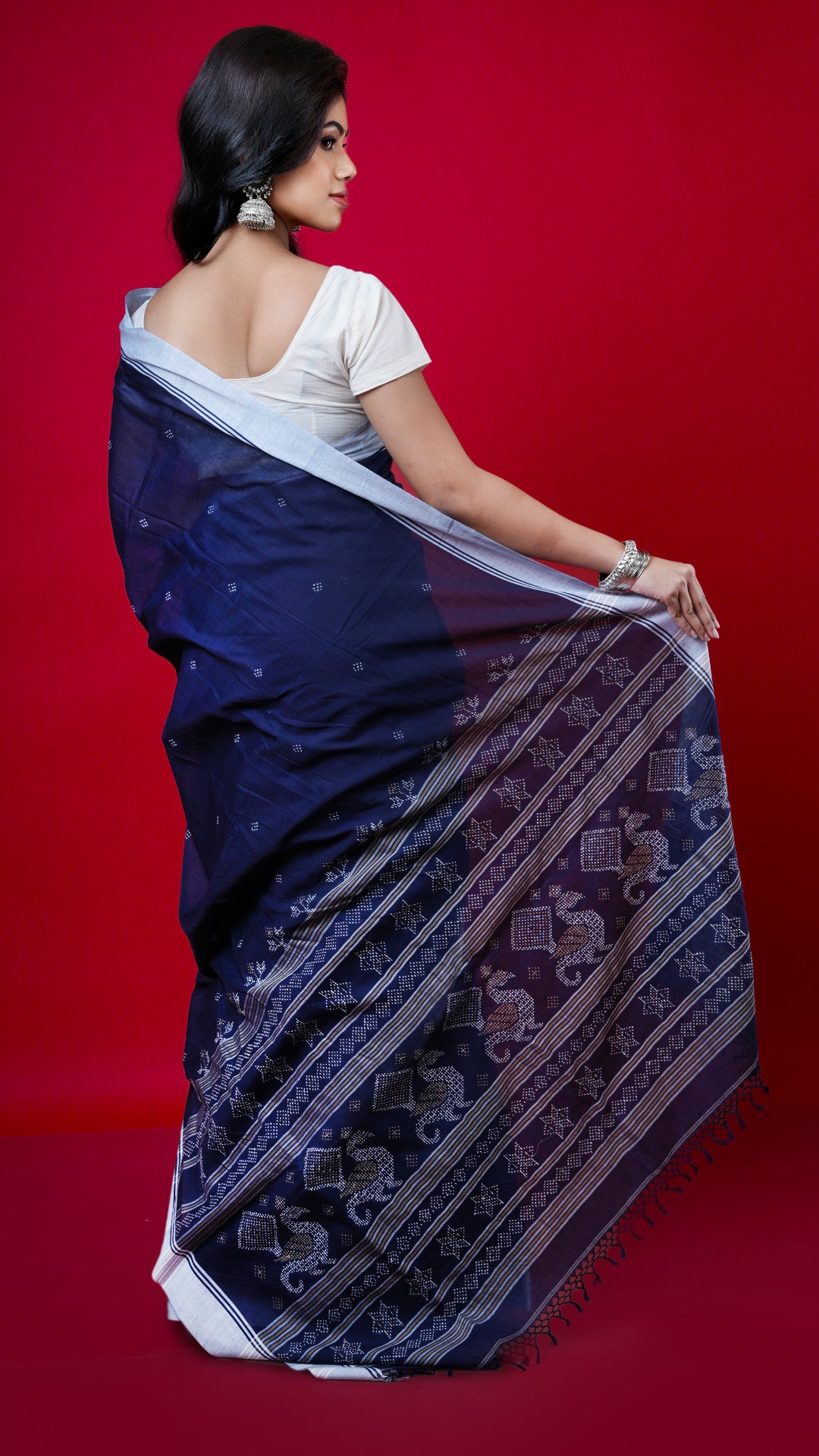 A navy blue tangail saree