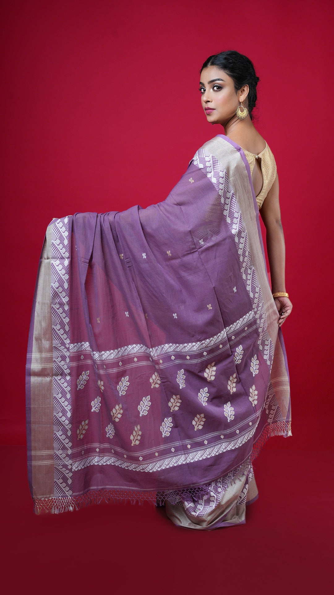 Dark Mauve Saree Tassar Border Butis Pallu