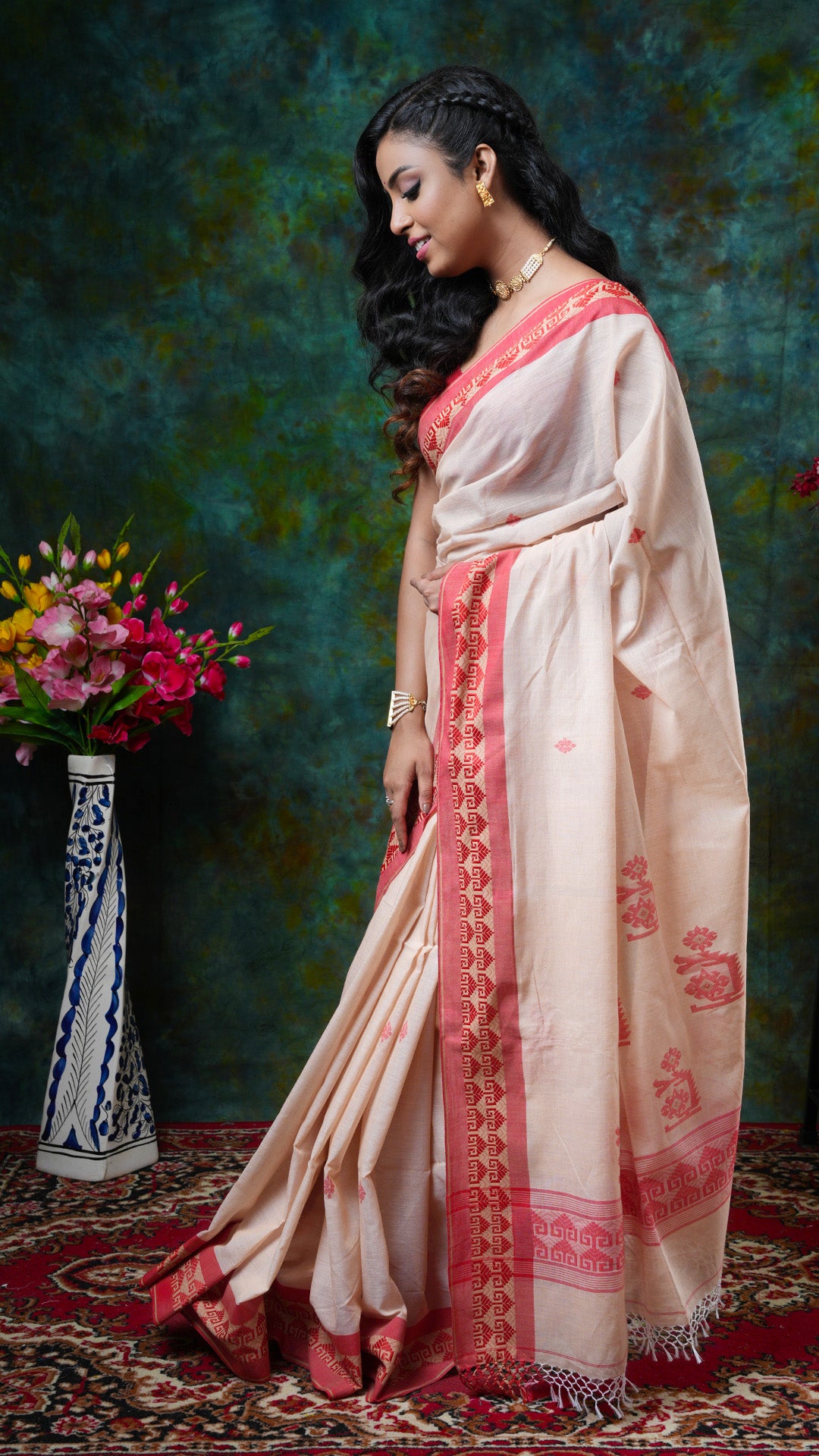 A beize and red soft cotton saree