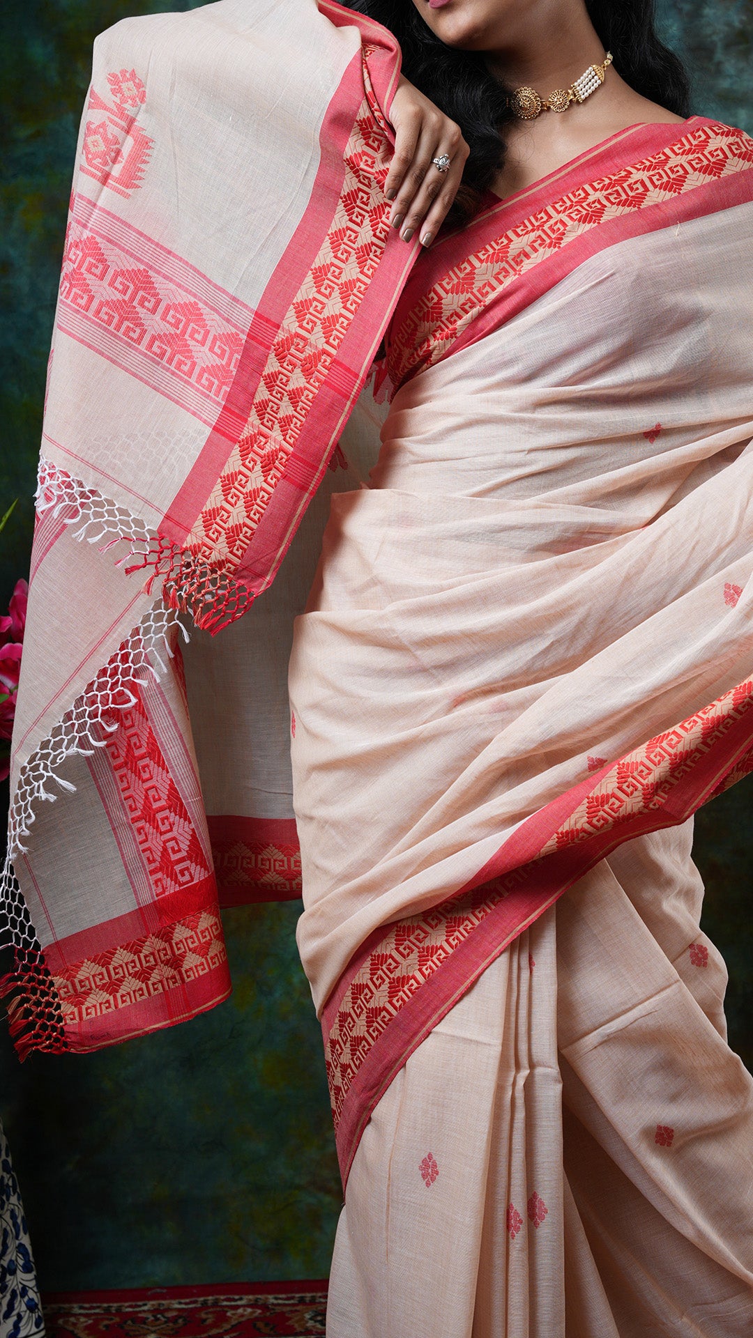 A beize and red soft cotton saree
