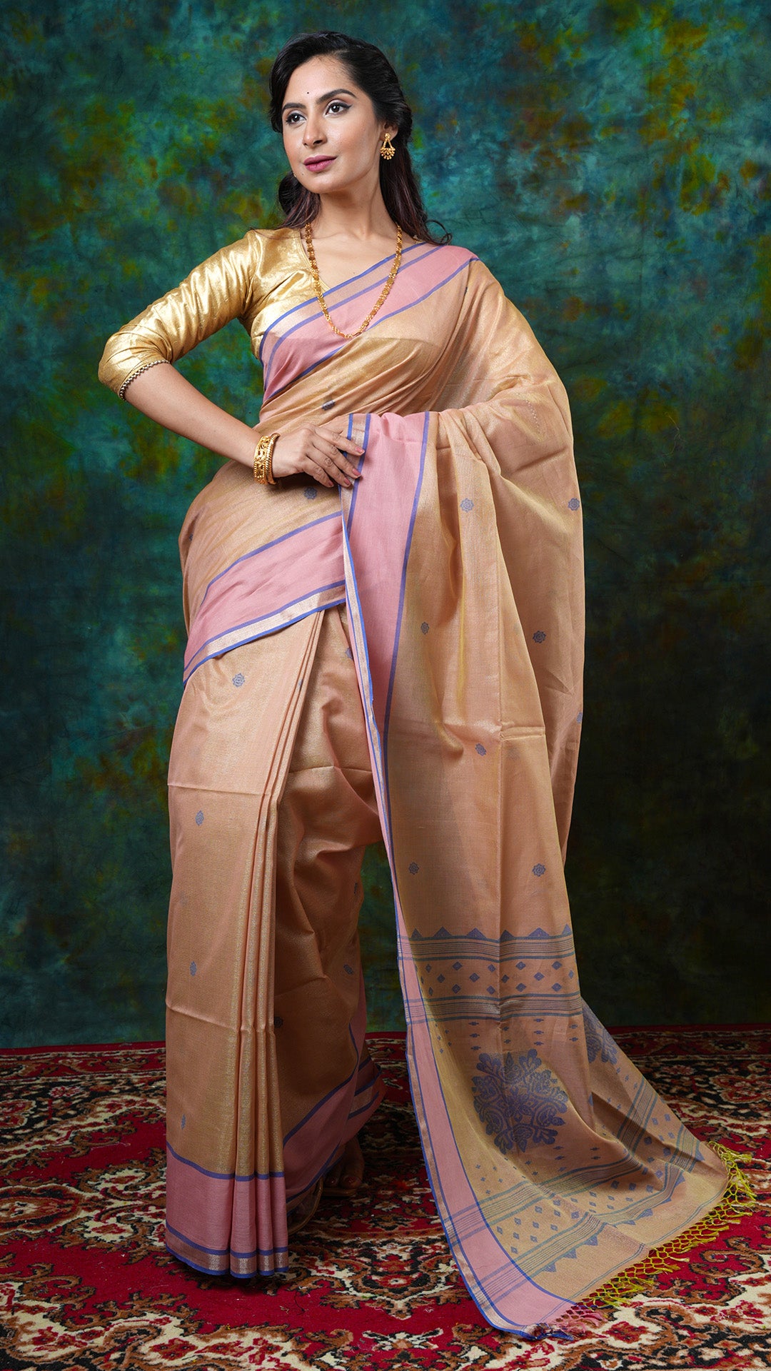 Dual tone soft cotton tissue saree with pink border, blue woven butis and pallu. Price: Rs. 2800/-
