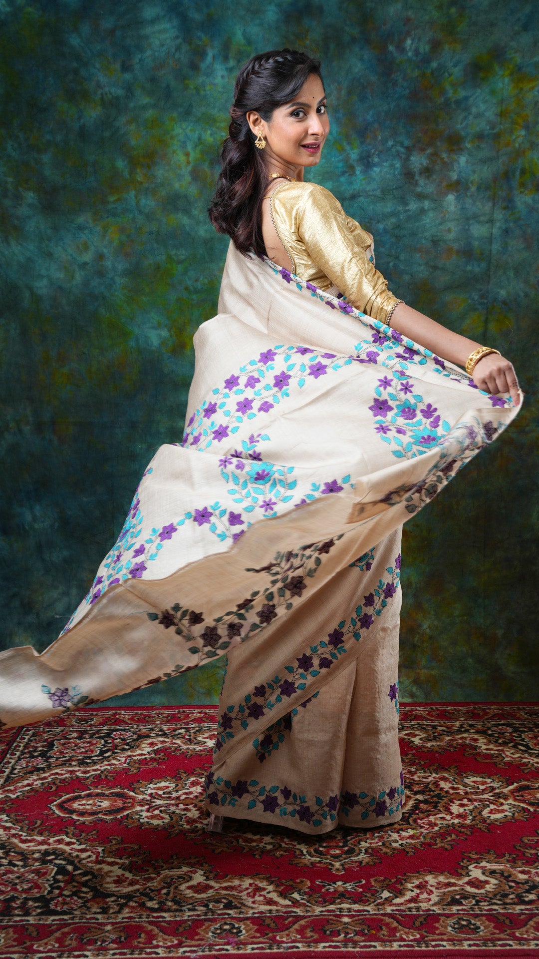 A tassar kantha saree in natural colour