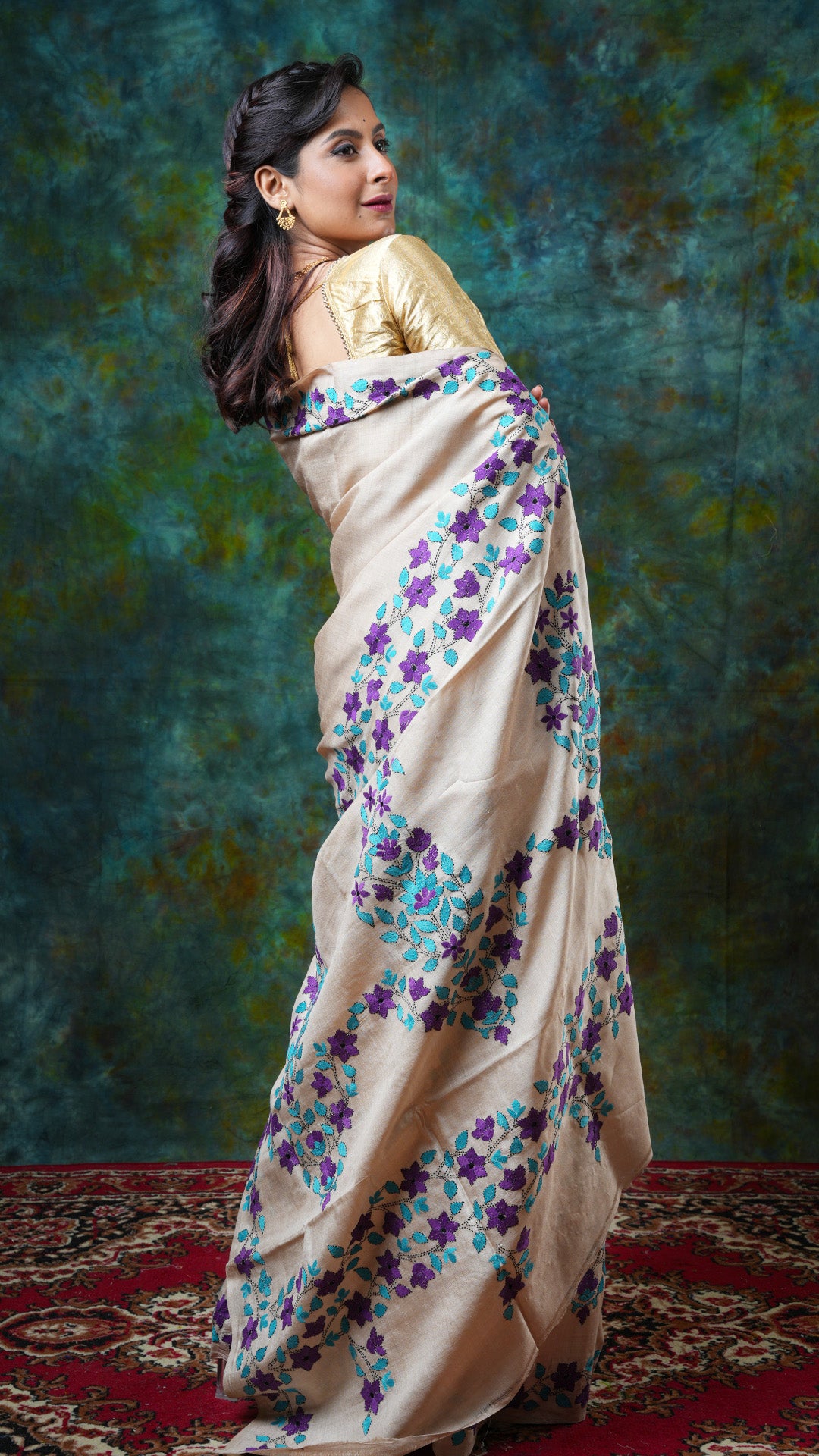 A tassar kantha saree in natural colour