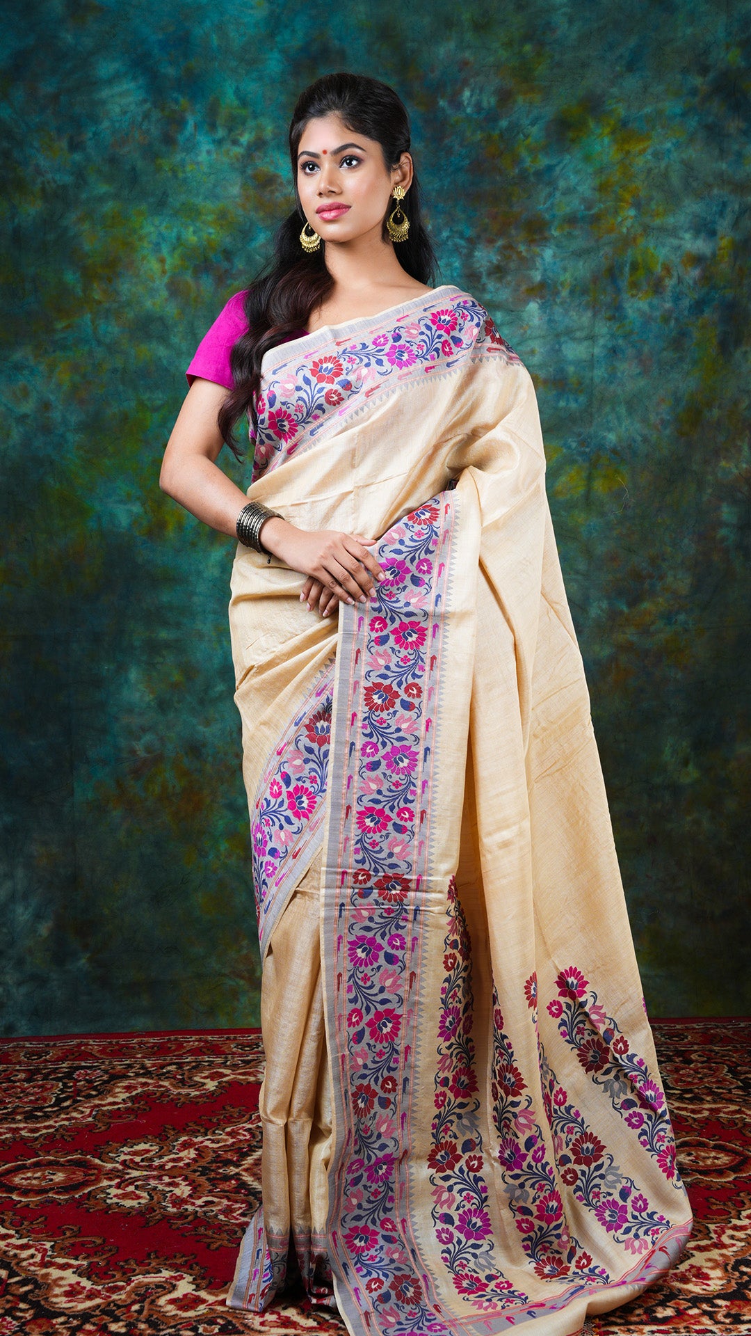 Natural Tassar saree with inlay woven border in magenta, blue, red, cinnamon; multicolored pallu. No butis. Price: Rs. 52500/-