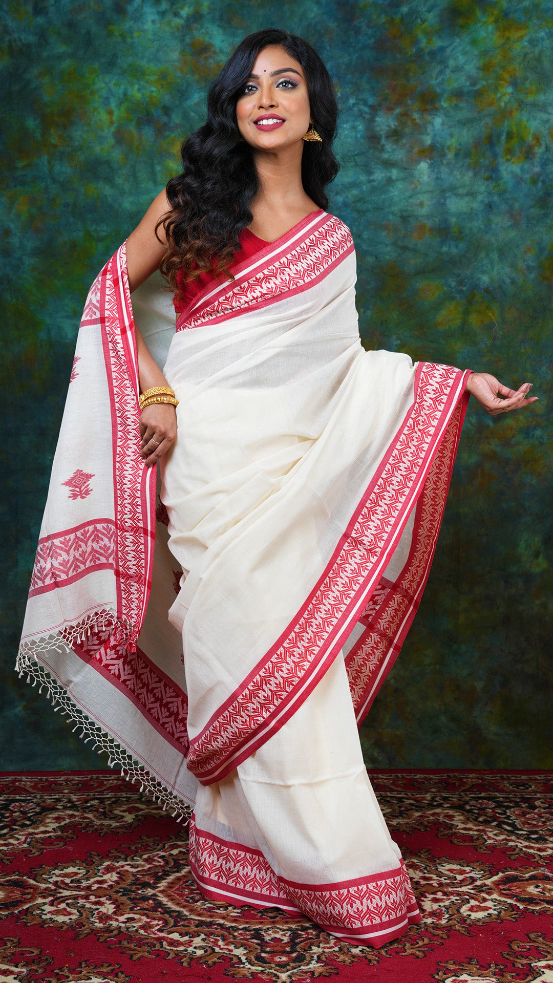 A off white red tangail saree