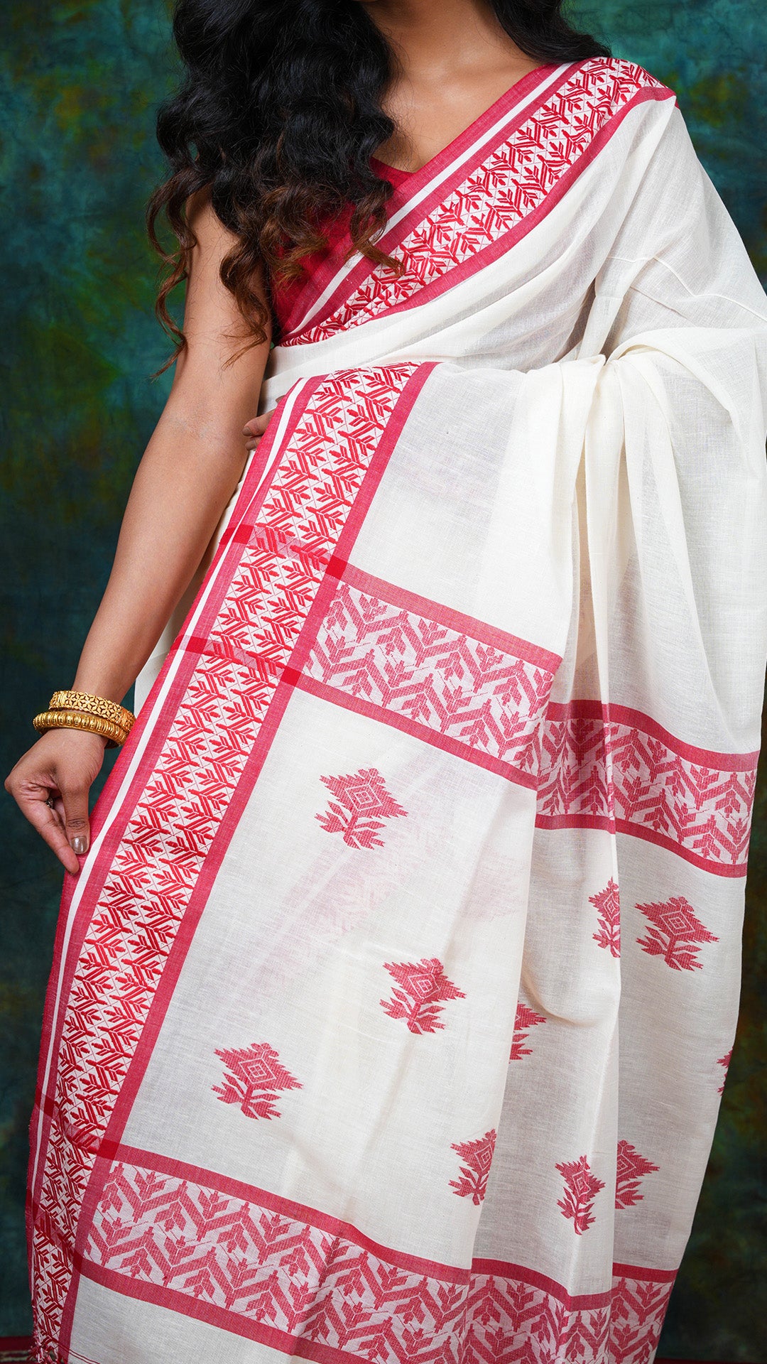 A off white red tangail saree