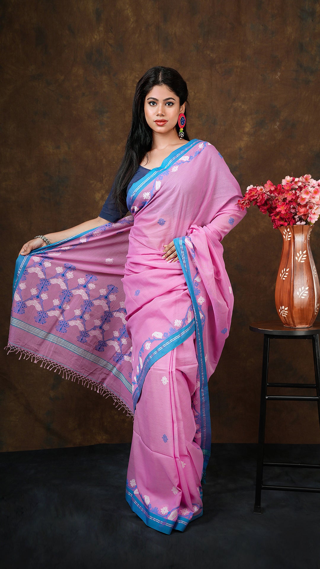 Pink with blue dhakai weave