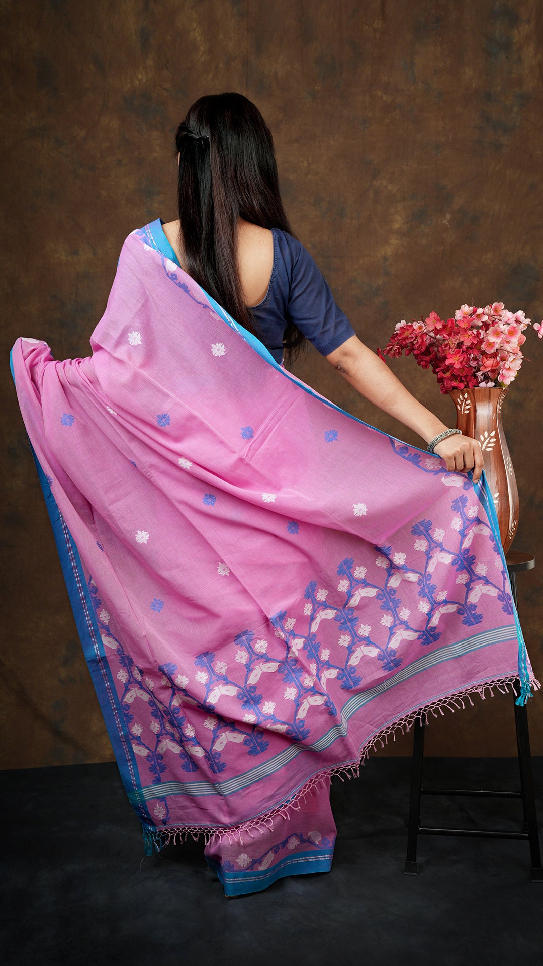 Pink with blue dhakai weave