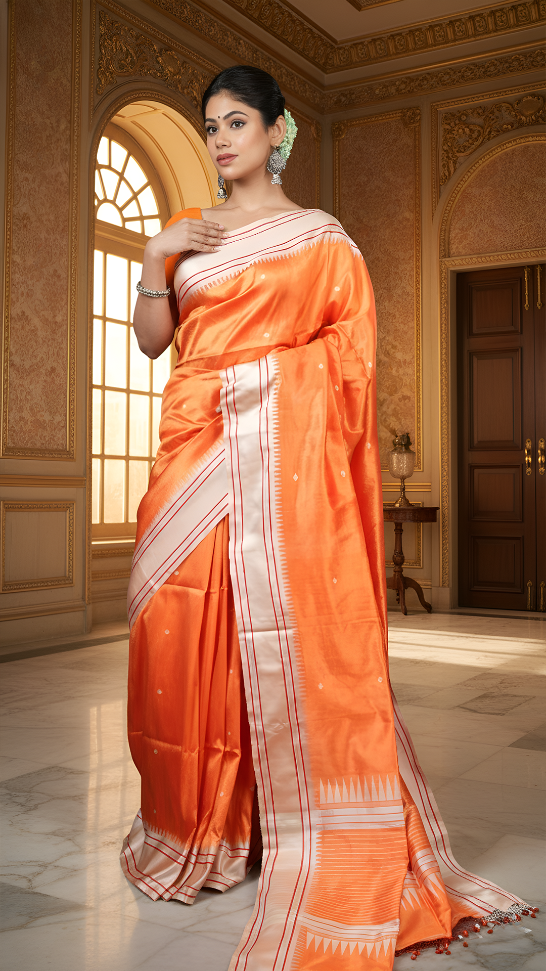 Orange pure silk saree with off white and red border. Butis and pallu in off white. Includes 0.8m running blouse. 5.5 meters