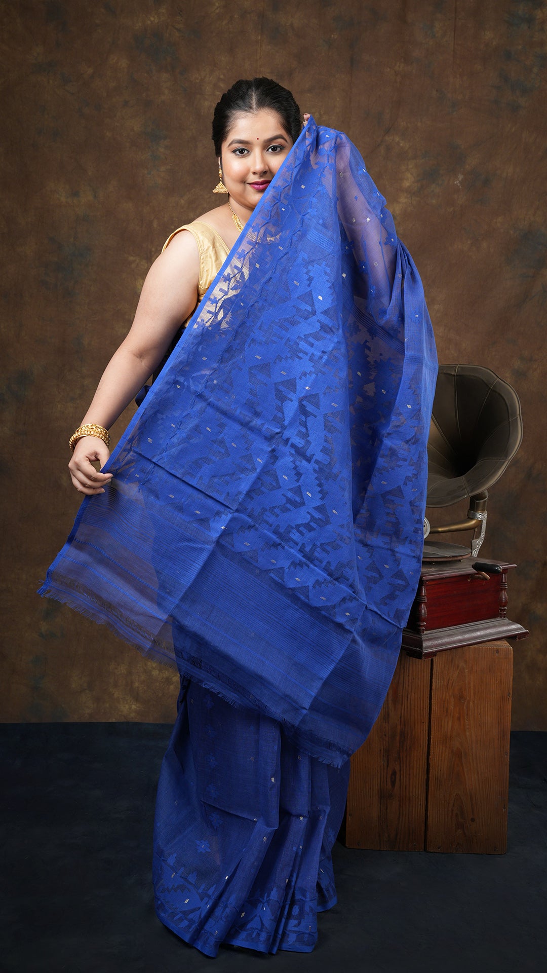 A dark blue jamdani saree