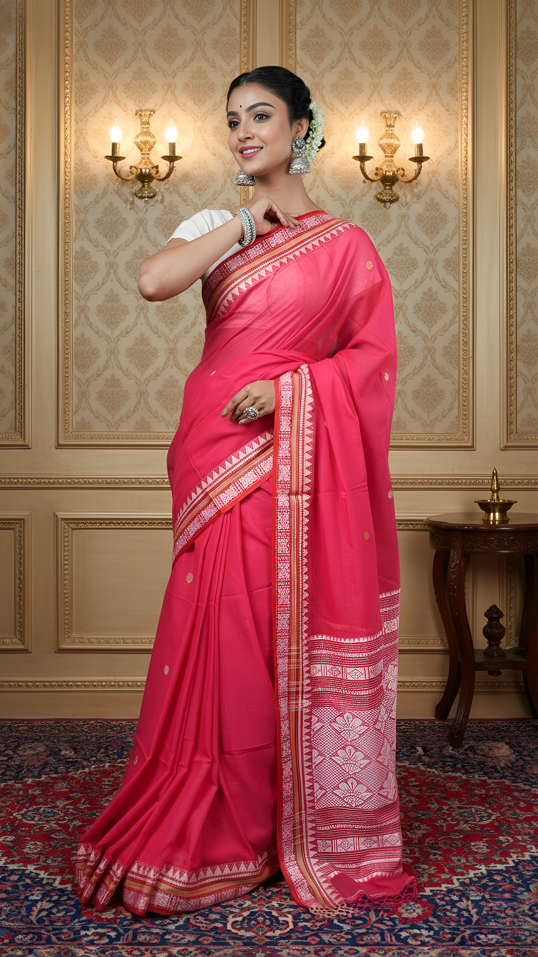 A bright pink tangail saree - A vibrant pink soft cotton tangail saree with white and beige woven motifs. This festive Tangail saree is a bright ethnic wear choice.