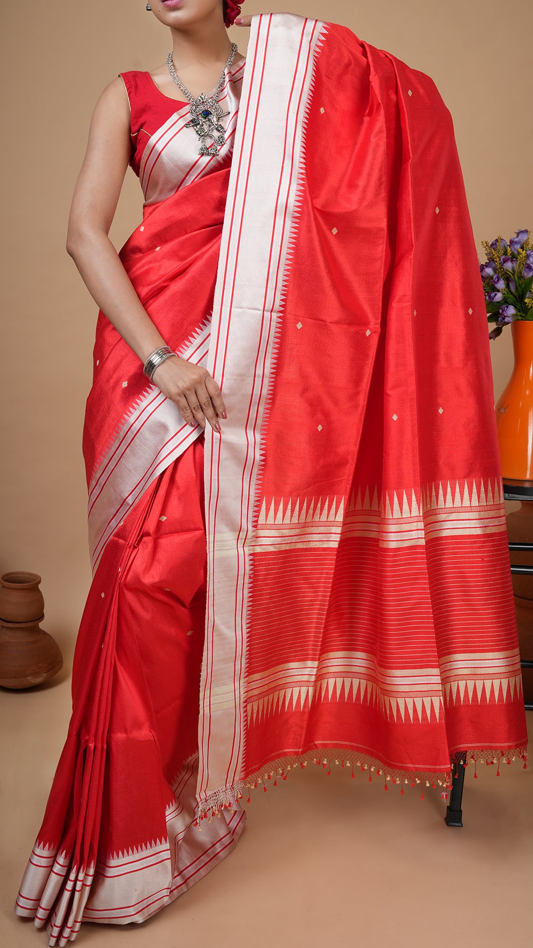 A red silk tangail saree