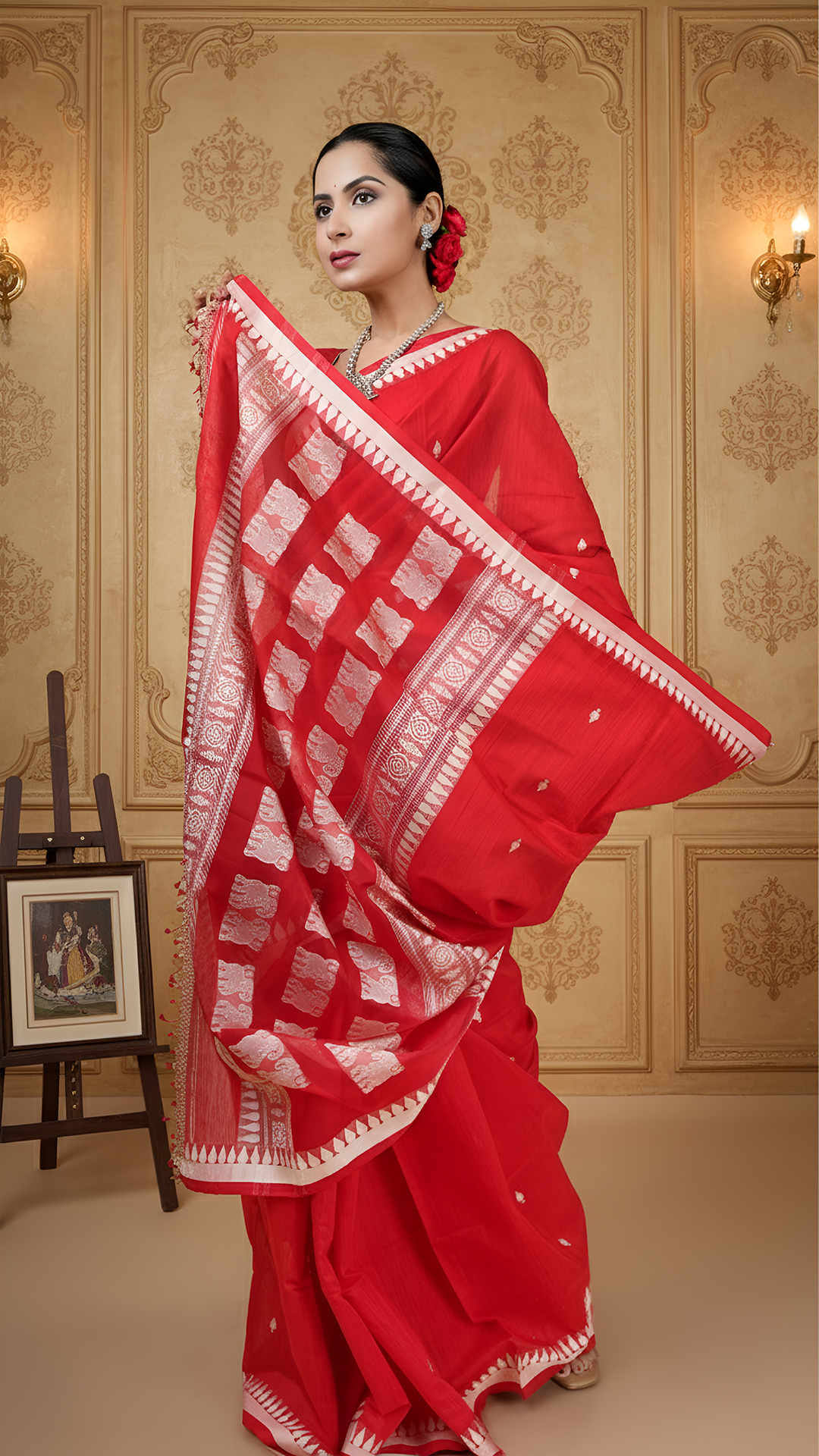 Red raw silk saree with off-white woven butis and muslin silk pallu. Premium party or puja wear.