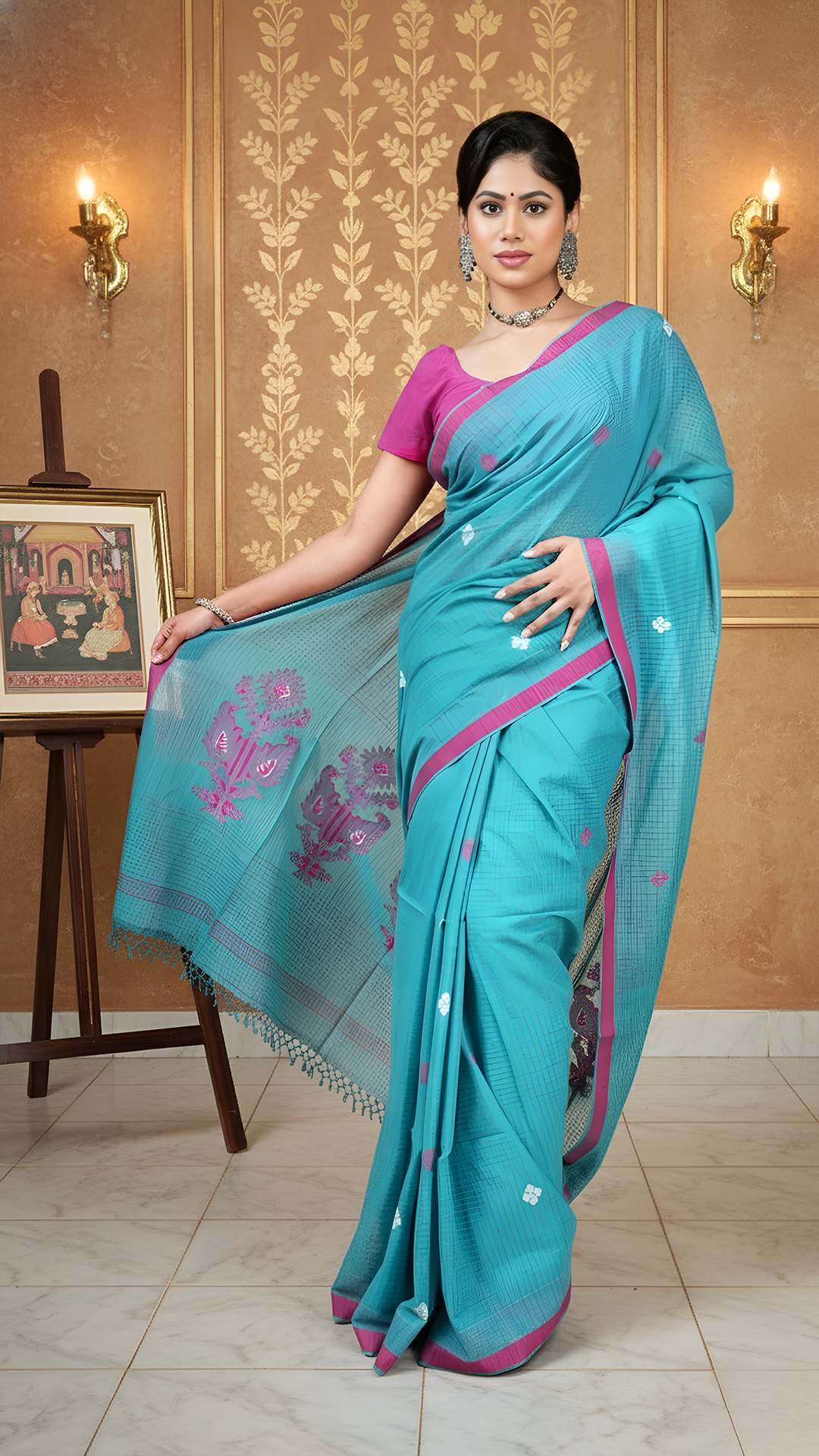 Sea green tangail soft cotton saree with magenta checks, flat border and woven butis and pallu in magenta and white.