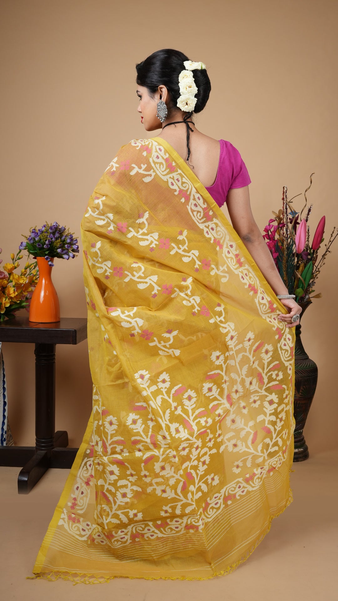 A mustard dhakai saree
