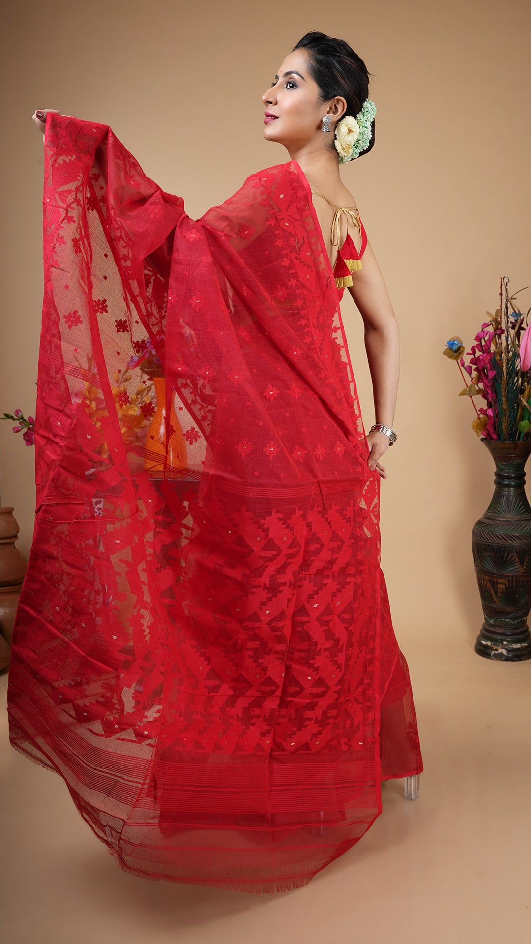 A red with self weave jamdani
