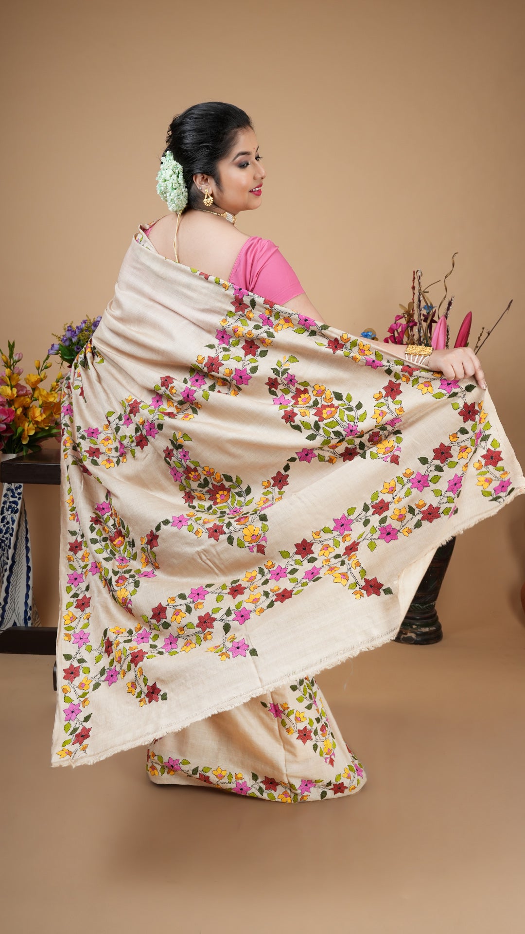 A natural tassar kantha saree