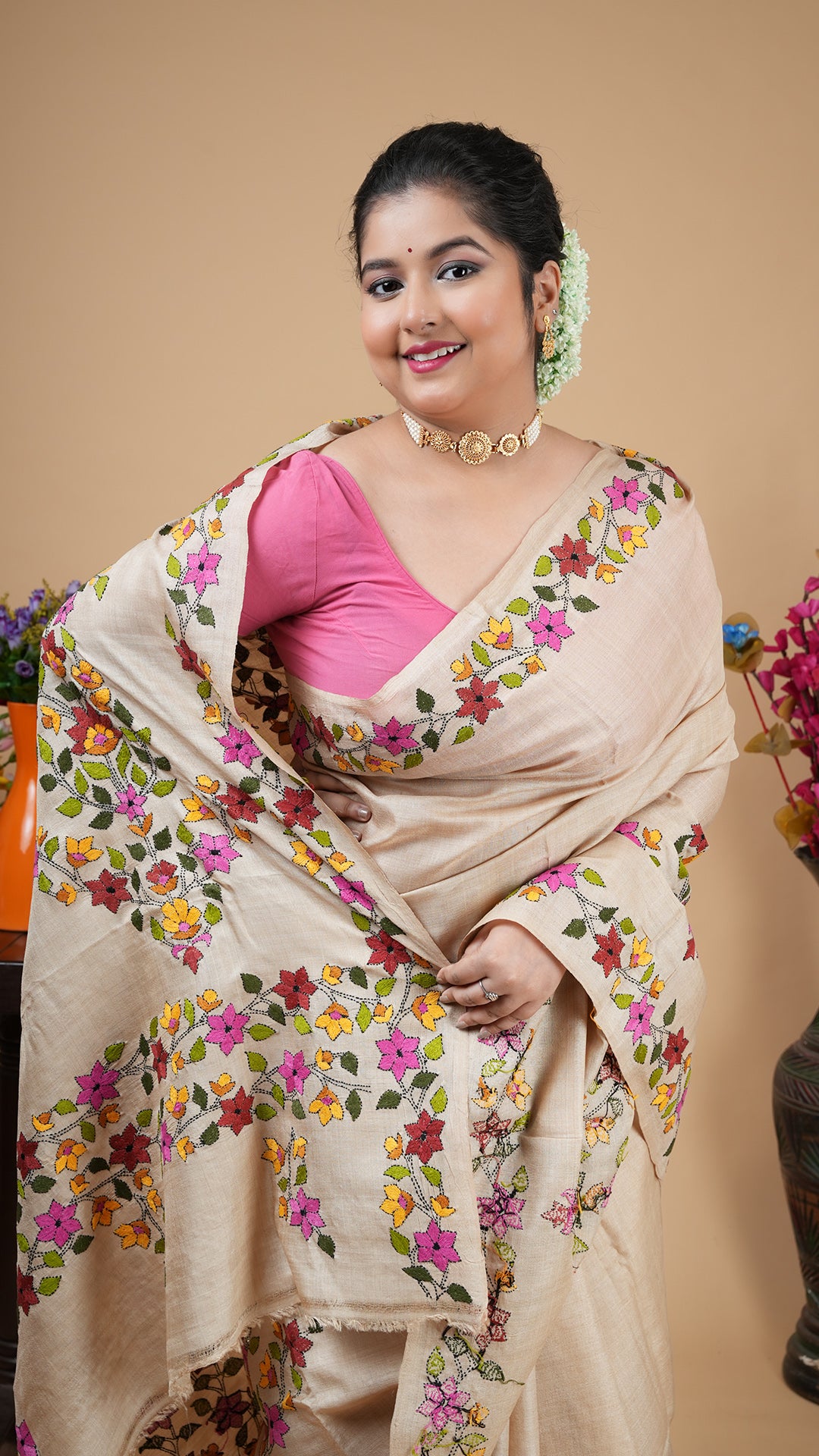 A natural tassar kantha saree
