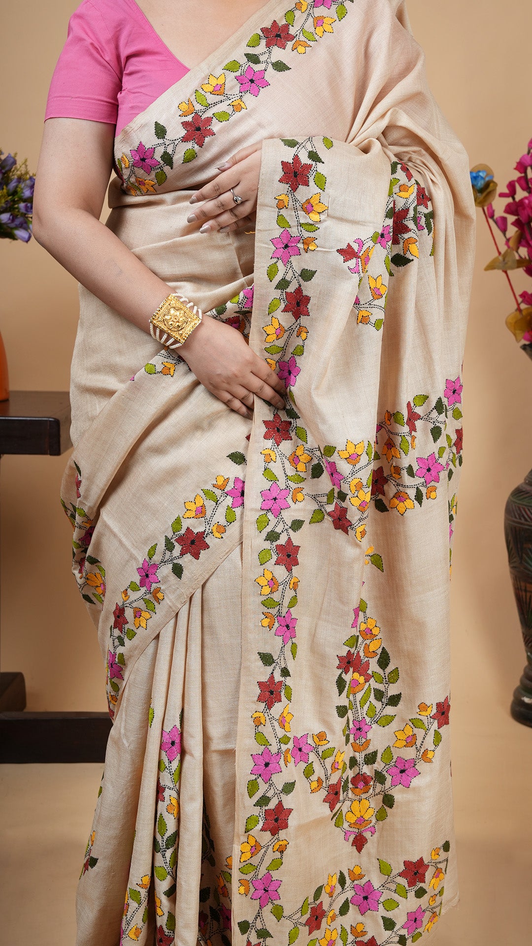 A natural tassar kantha saree