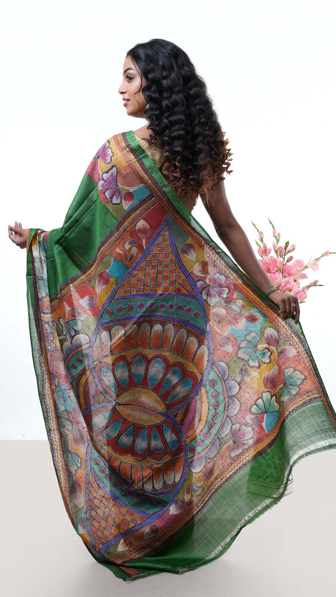 A green tassar kantha saree