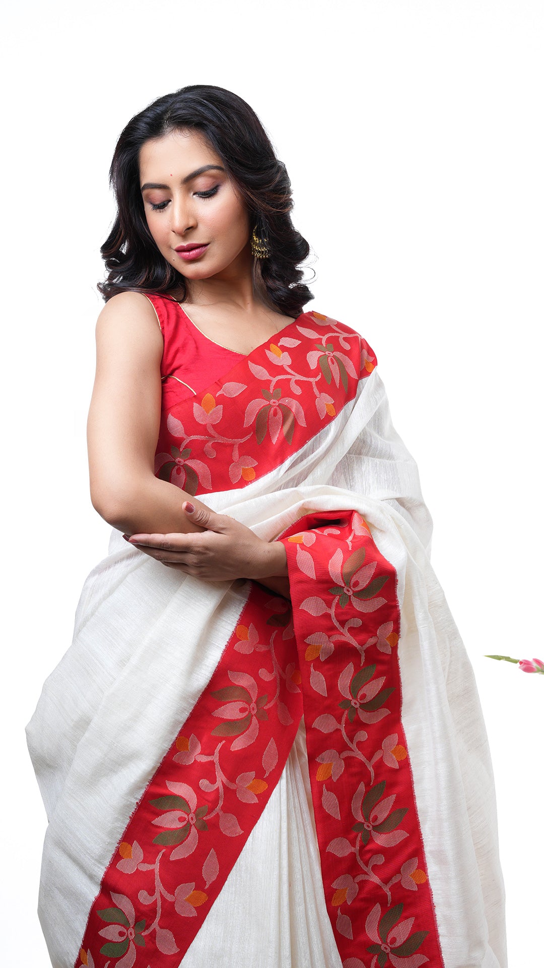 An off white with red raw silk