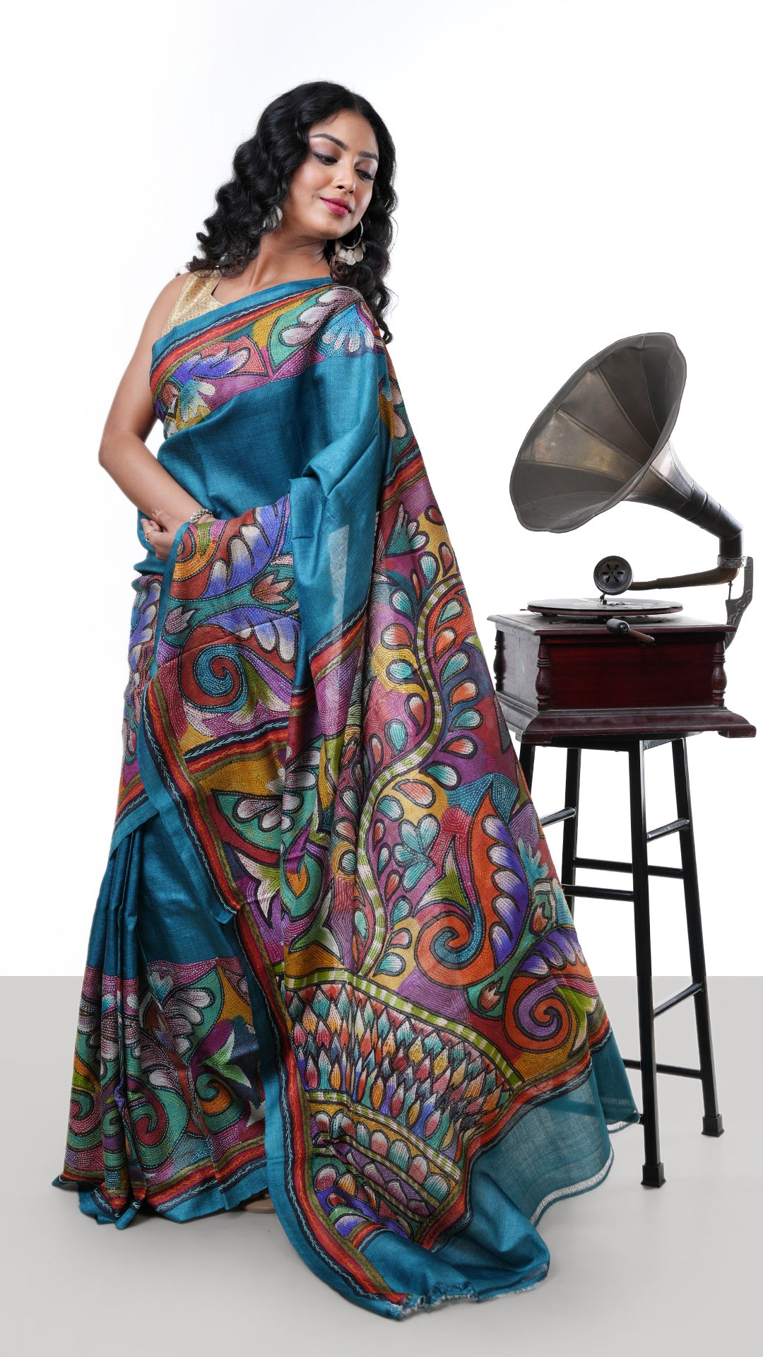 A blue coloured kantha saree. A tassar kantha sari with light thread work. Crafted with tassar Warp and weft. Standard 5.5-meter length. Includes matching blouse piece. kantha, tassar, handloom silk sari