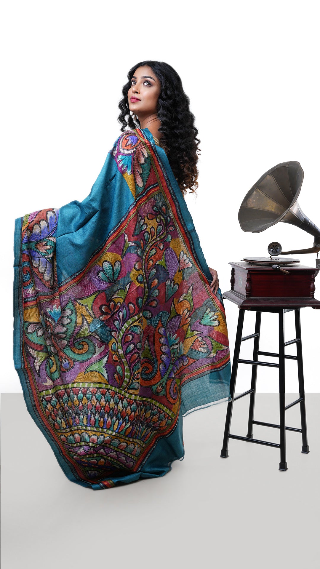 A blue coloured kantha saree