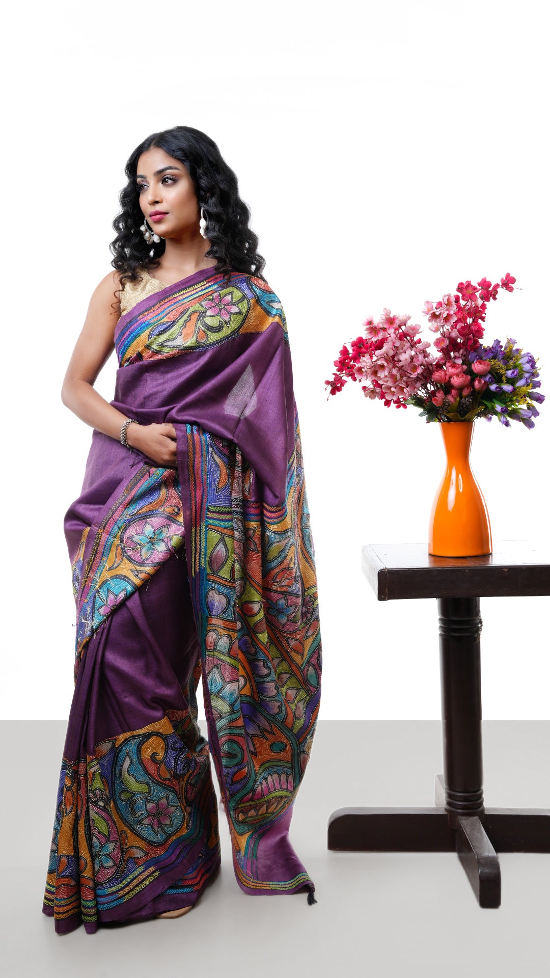 A kantha in aubergine colour. A tassar kantha sari with delicate hand embroidery. Crafted with tassar Warp and weft. Standard 5.5-meter length. Includes matching blouse piece. kantha, tassar, handloom silk sari