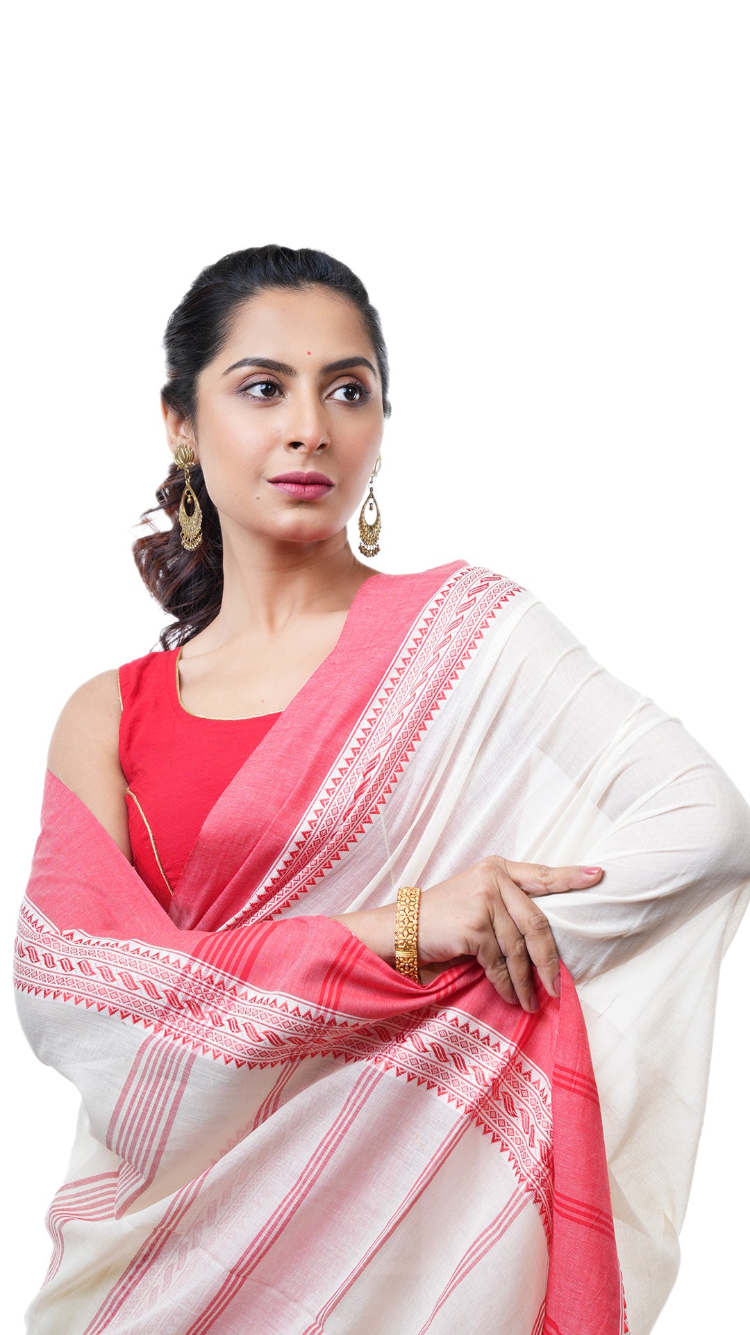 An off white and red tangail saree
