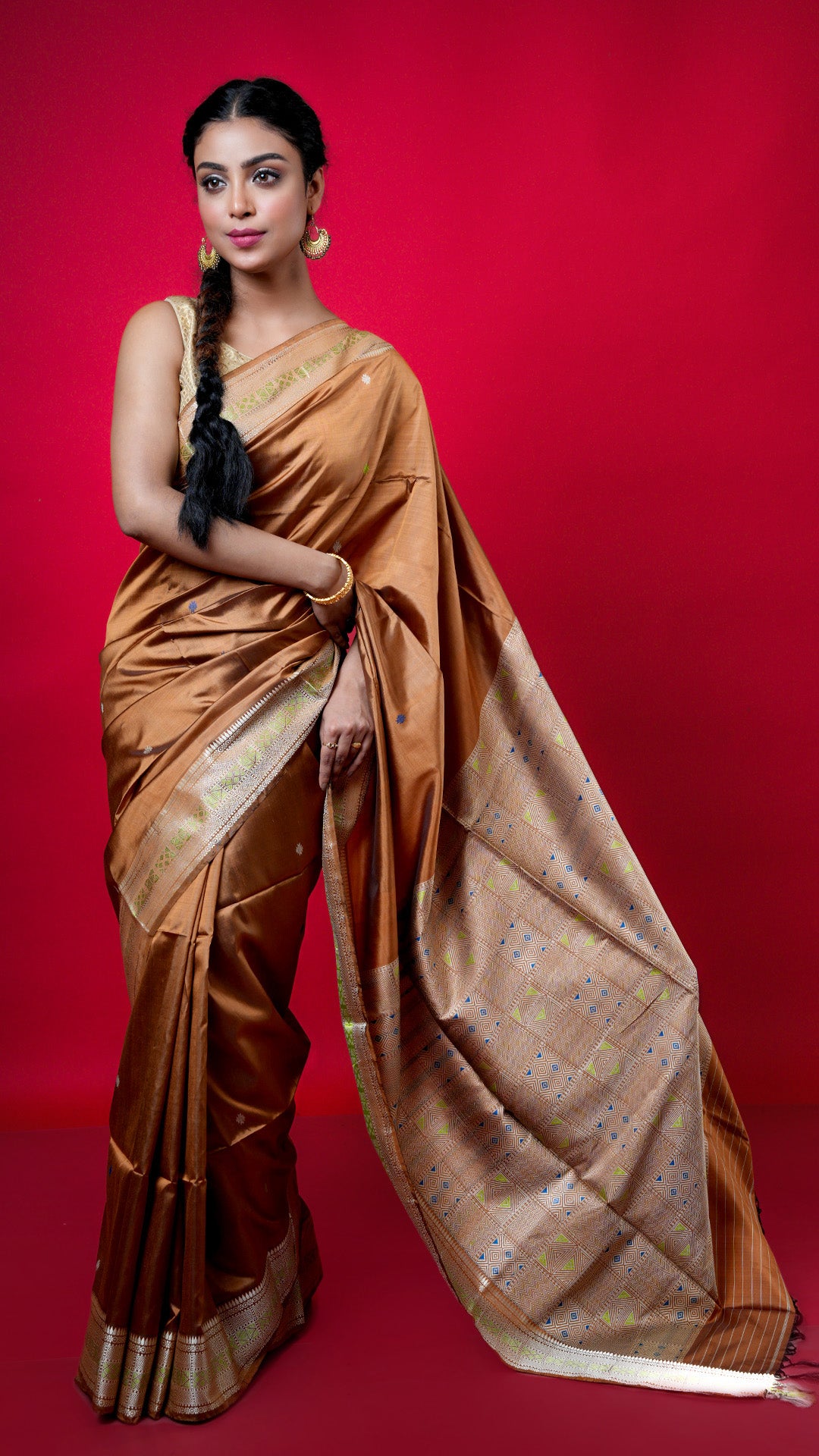 Tangail Silk Copper Saree with Multicolour Border & Butis