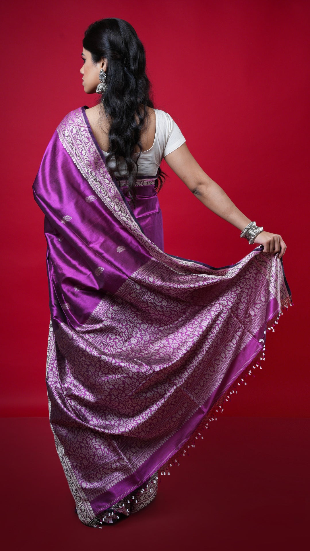 A magenta coloured silk saree