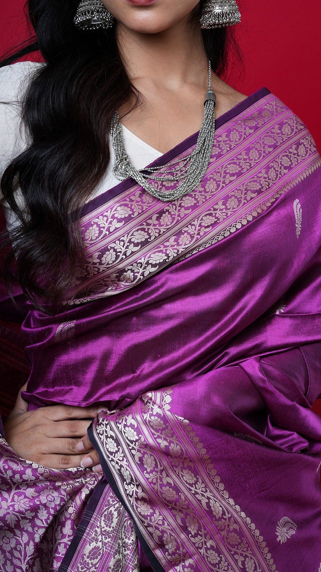 A magenta coloured silk saree