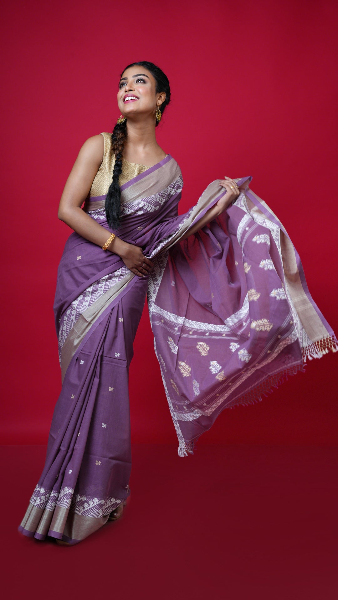 Dark Mauve Saree Tassar Border Butis Pallu