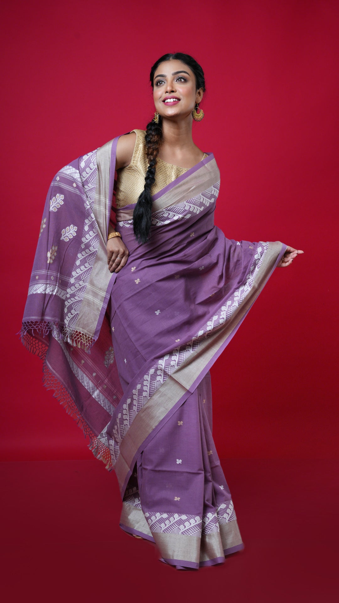 Dark Mauve Saree Tassar Border Butis Pallu