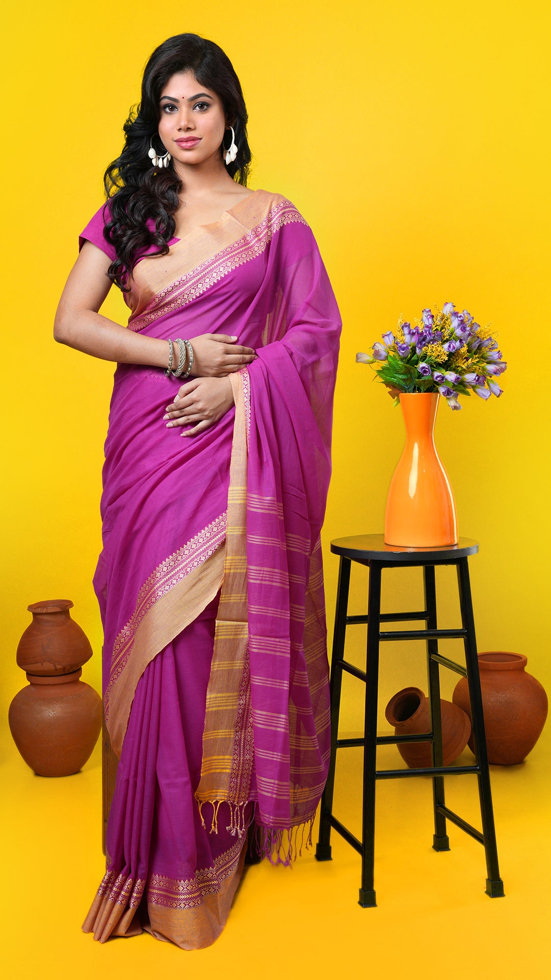 Magenta soft cotton Tangail saree with dark beige border and striped pallu, no butis. Price: Rs. 900/-