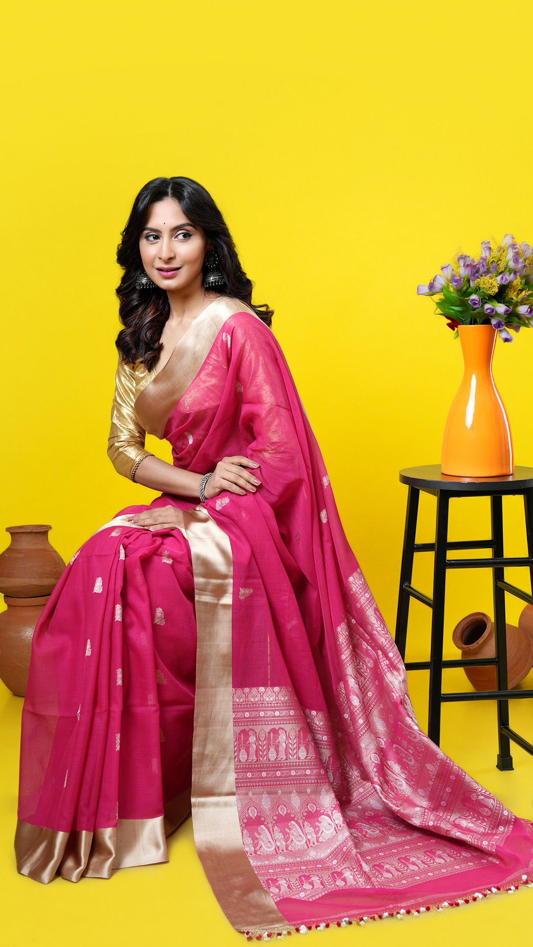 Pink soft cotton Baluchari Tangail saree with beige and off-white motifs on pallu and butis, flat satin beige border. Price: Rs. 12,500/-