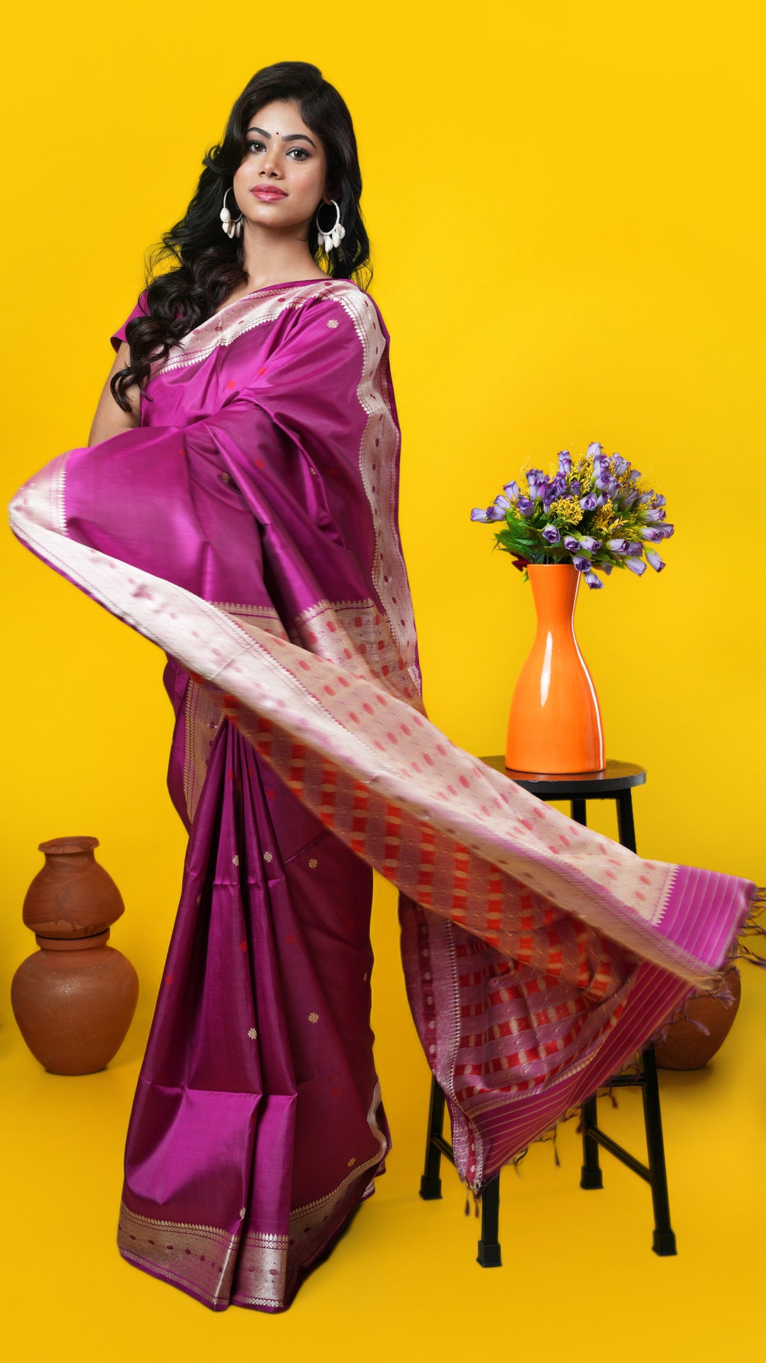 Magenta Tangail silk saree with butis, border, and pallu in beige and rust. Price: Rs. 12,000/-
