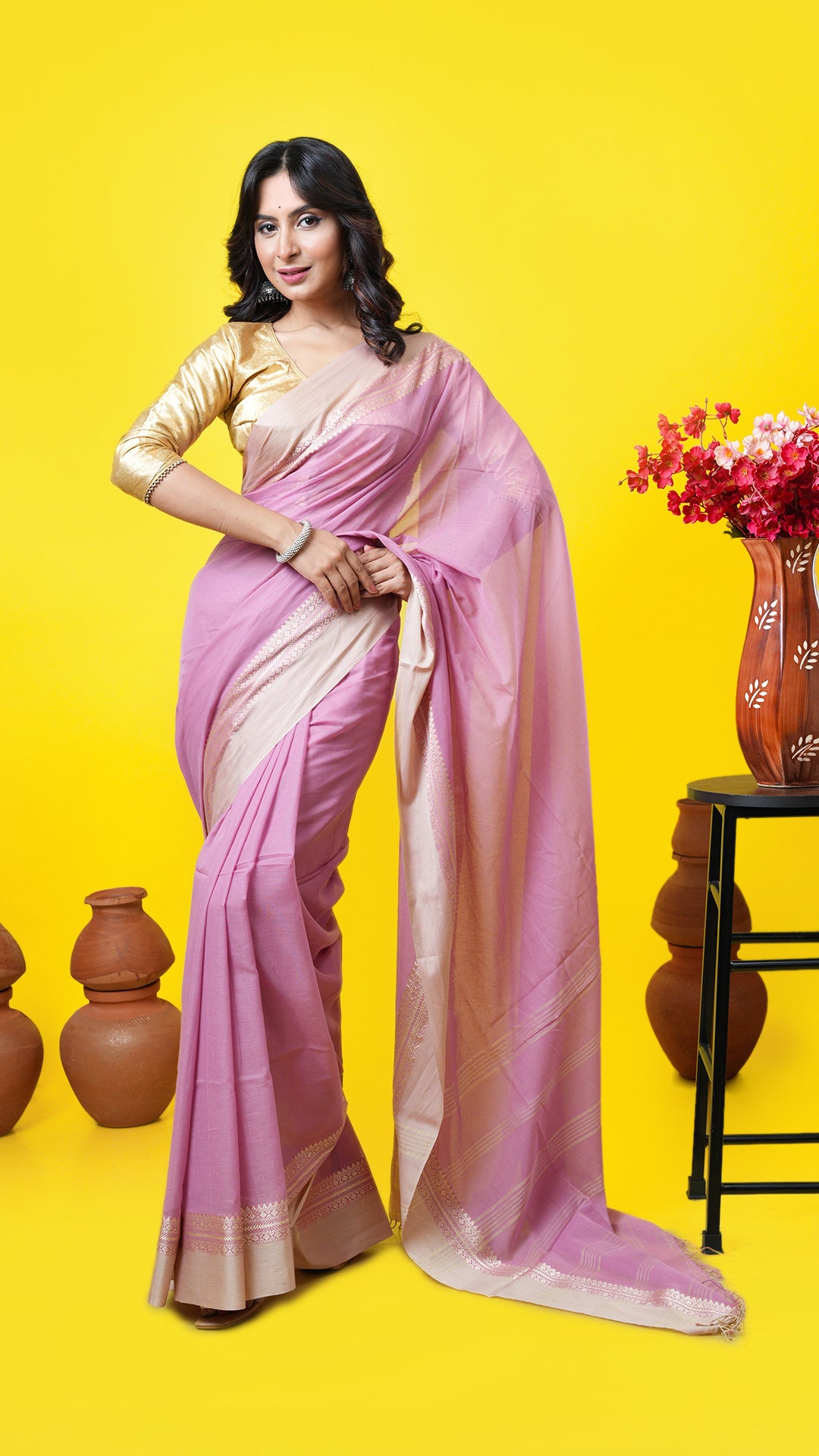 Old rose pink soft Tangail saree with beige border and vertical striped pallu, no butis. Price: Rs. 900/-
