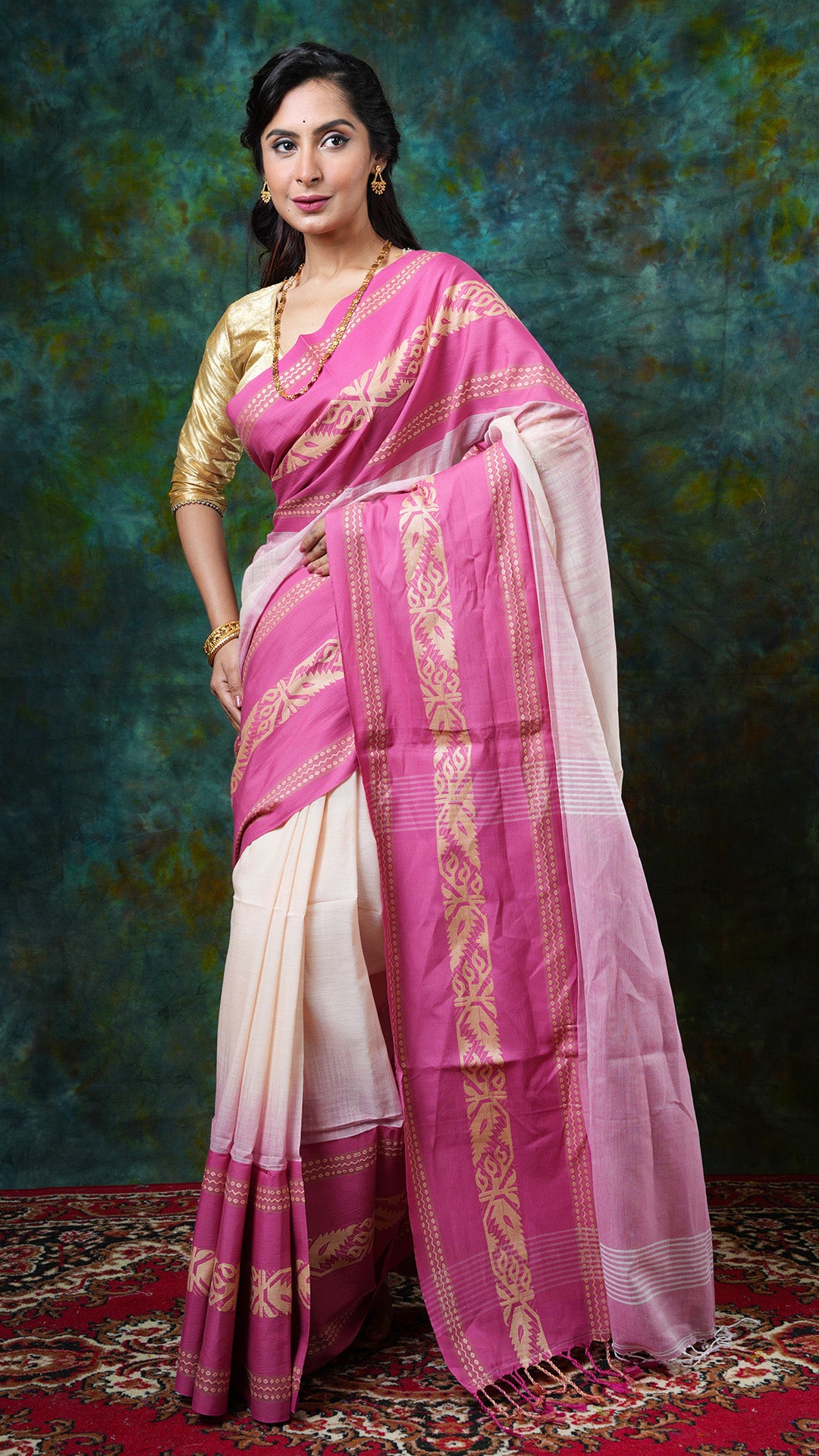 Dark off-white Tangail soft cotton saree with pink and beige border, vertical striped pallu. Price: Rs. 2300/-