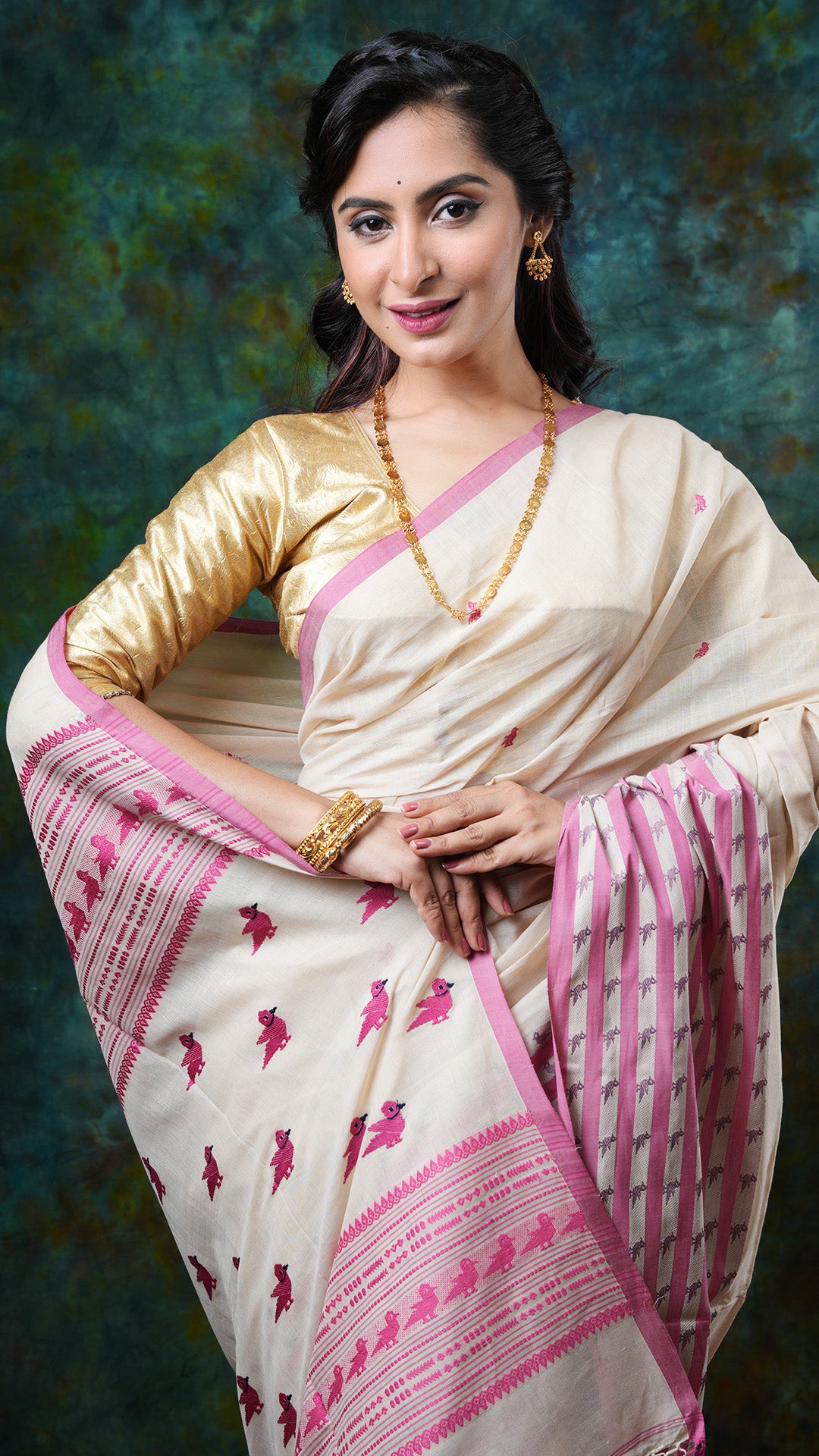 A beize and pink saree