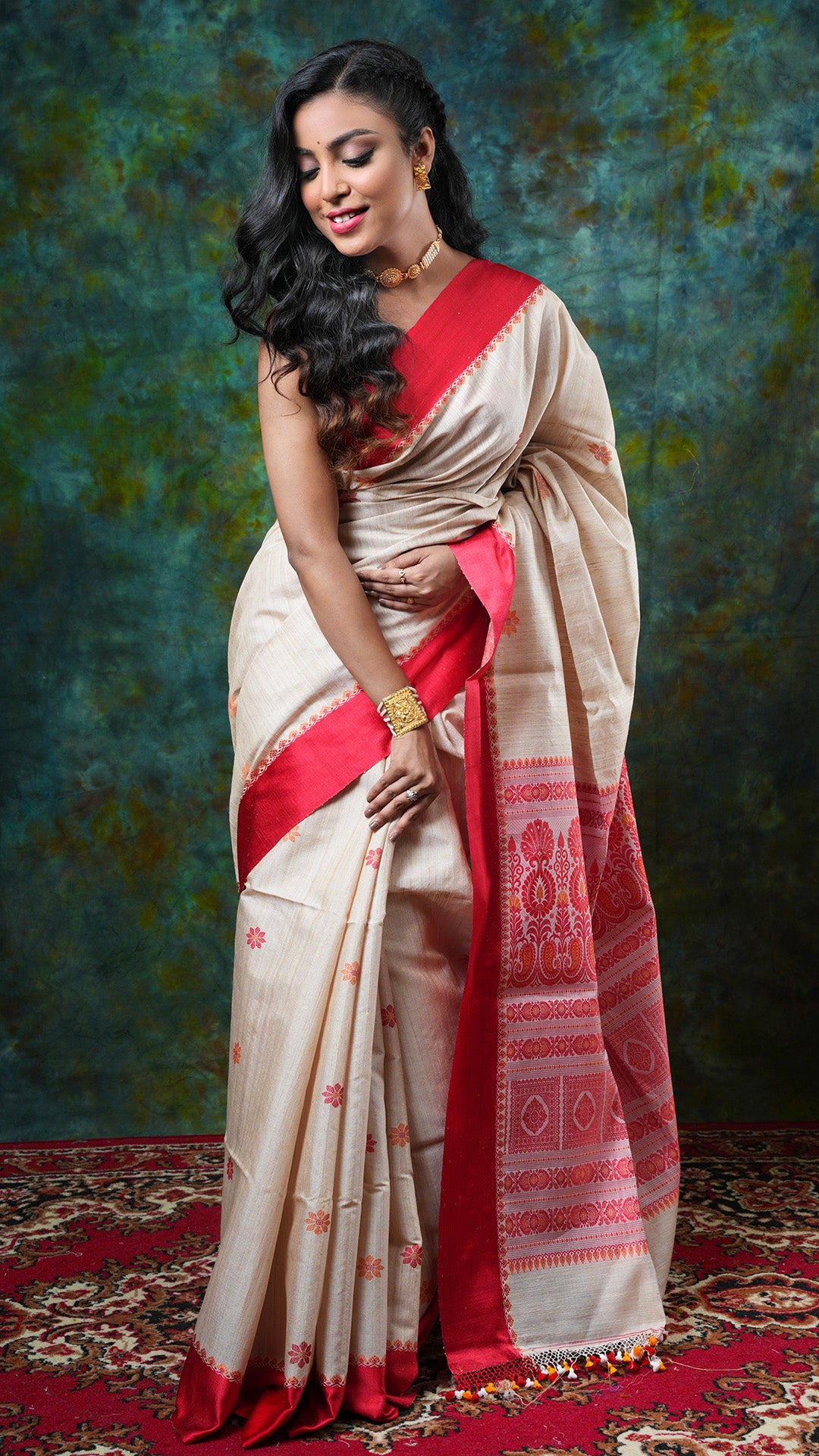 A beize coloured raw silk saree